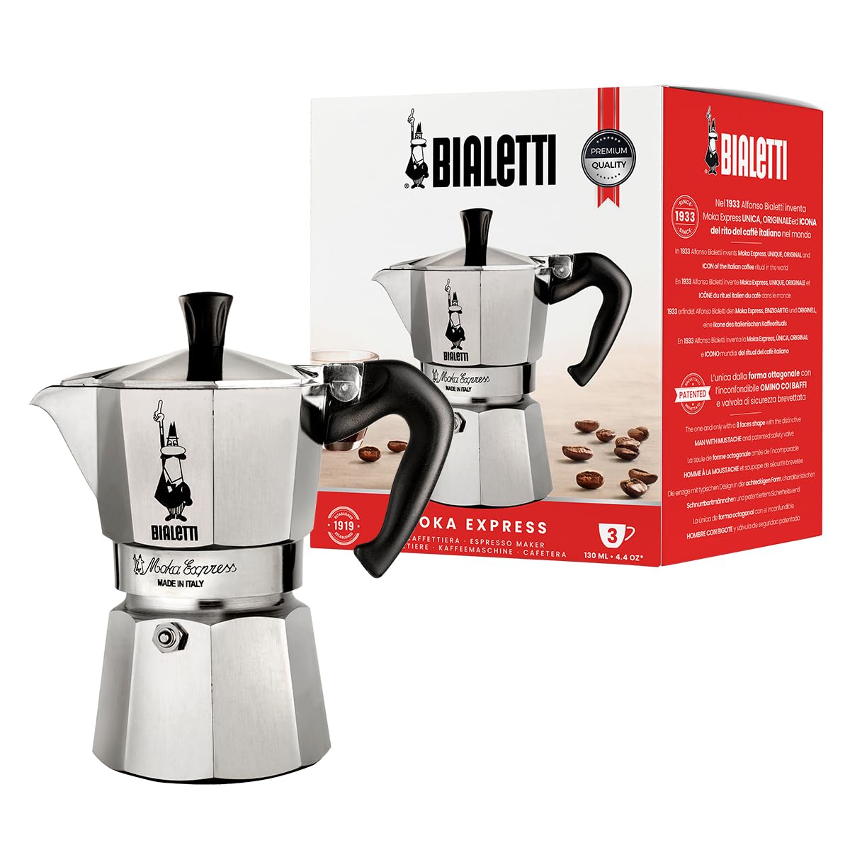 سازنده قهوه اسپرسو Bialetti 3-Cup نقره‌ای برای اجاق گاز - سبک ایتالیایی کلاسیک، ساخته شده از آلومینیوم مقاوم، طراحی کوچک برای قهوه پختن غنی در خانه منظق نقره‌ای کلاسیک