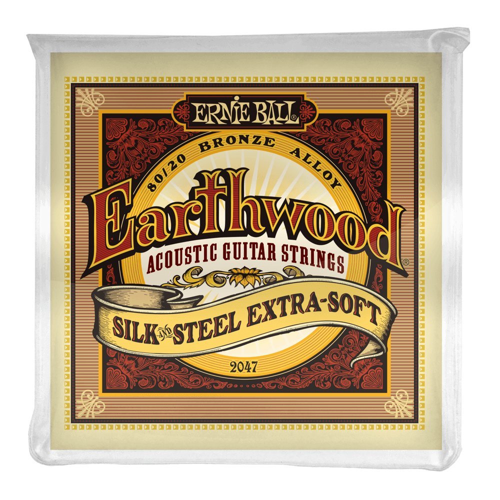 سیم‌های گیتار آکوستیک برنزی 80/20 از مجموعه Earthwood Silk and Steel برند Ernie Ball، بسیار نرم، گِیج 10–50؛ بستهٔ تک با نرمی Extra Soft