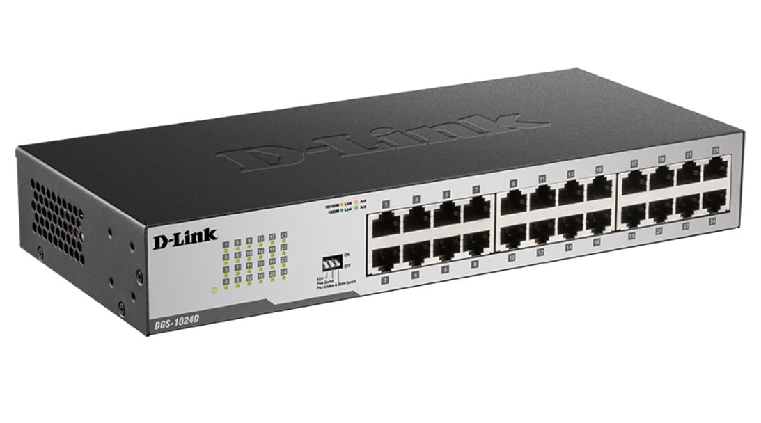 سوییچ اترنت D-Link، ۲۴ پورت گیگابیت بدون مدیریت، هاب شبکه بی‌صدا قابل نصب بر روی دسکتاپ یا رک (DGS-1024D)، رنگ مشکی ۲۴ پورت گیگابیت