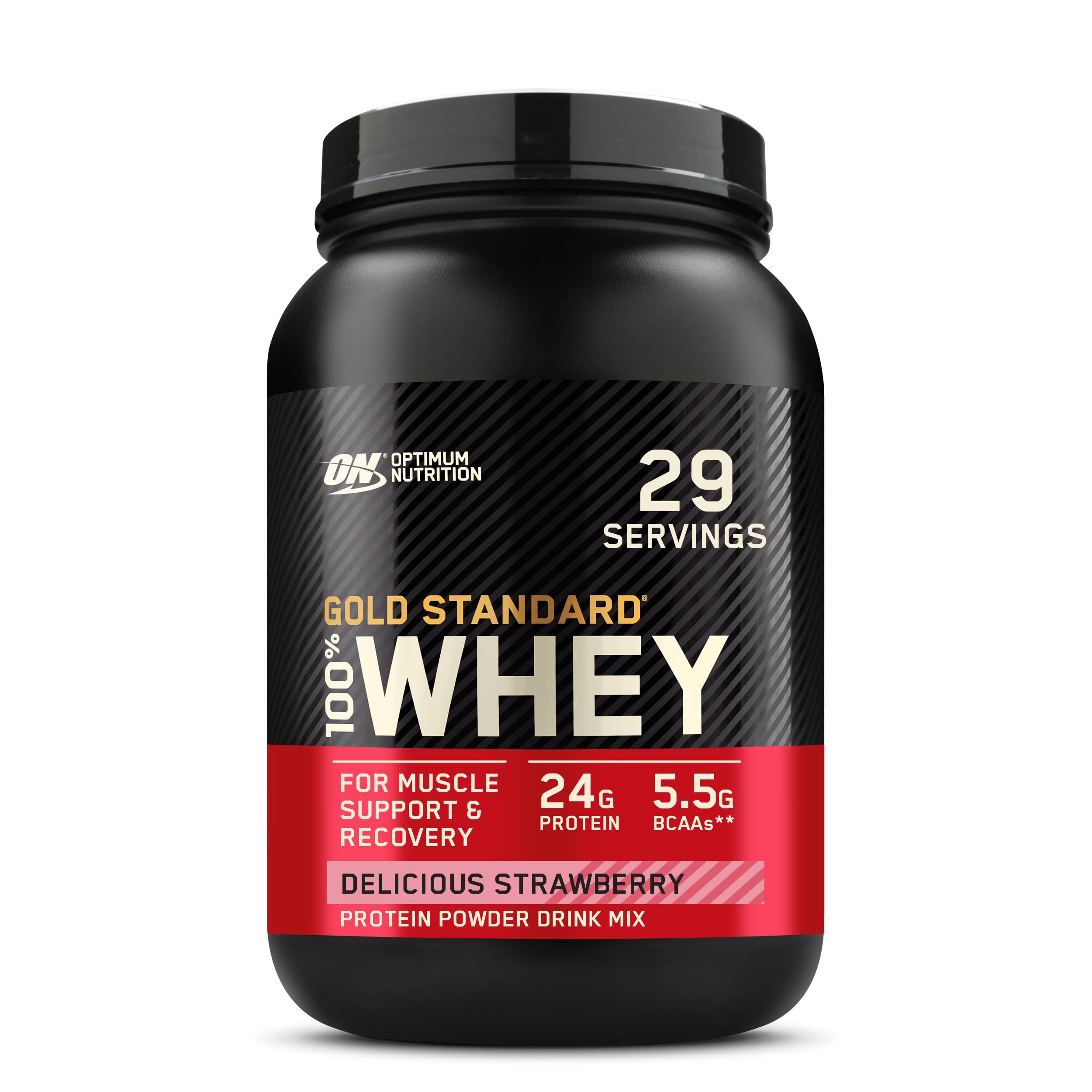 پودر پروتئین وی Gold Standard 100% از شرکت تغذیه بهینه (ON)، منبع اصلی ایزوله پروتئین وی، 24 گرم پروتئین برای حمایت و بهبود عضلات - طعم توت فرنگی لذیذ، 2 پوند، 29 سروینگ (907 گرم)