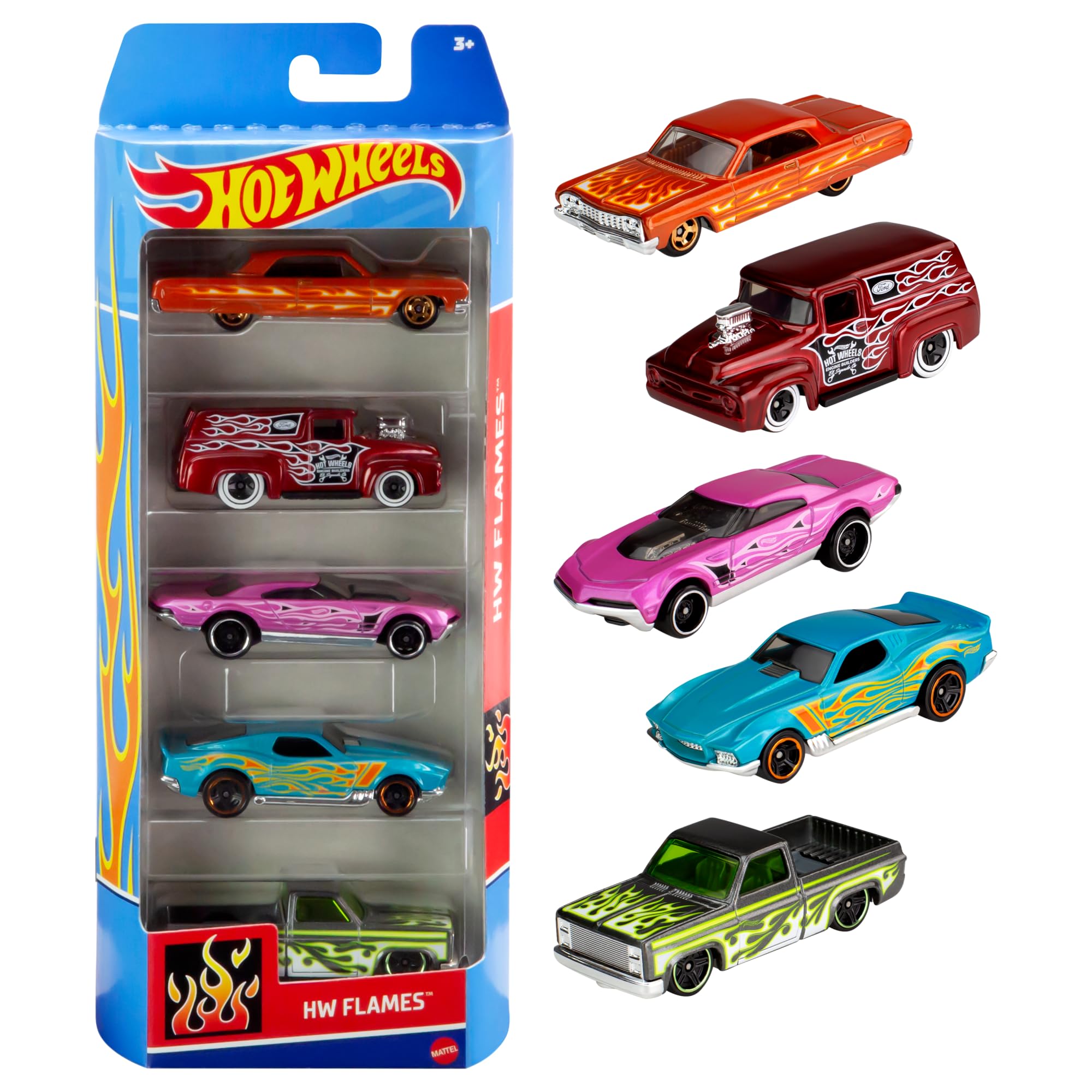 ماشین‌های اسباب بازی Hot Wheels به مقیاس ۱:۶۴، یک بسته ۵ تایی شامل ماشین‌های مسابقه، هات راد، خودروهای شخصیتی، یا کامیون‌های امداد یا بارگیر (استایل‌ها ممکن است متغیر باشند)