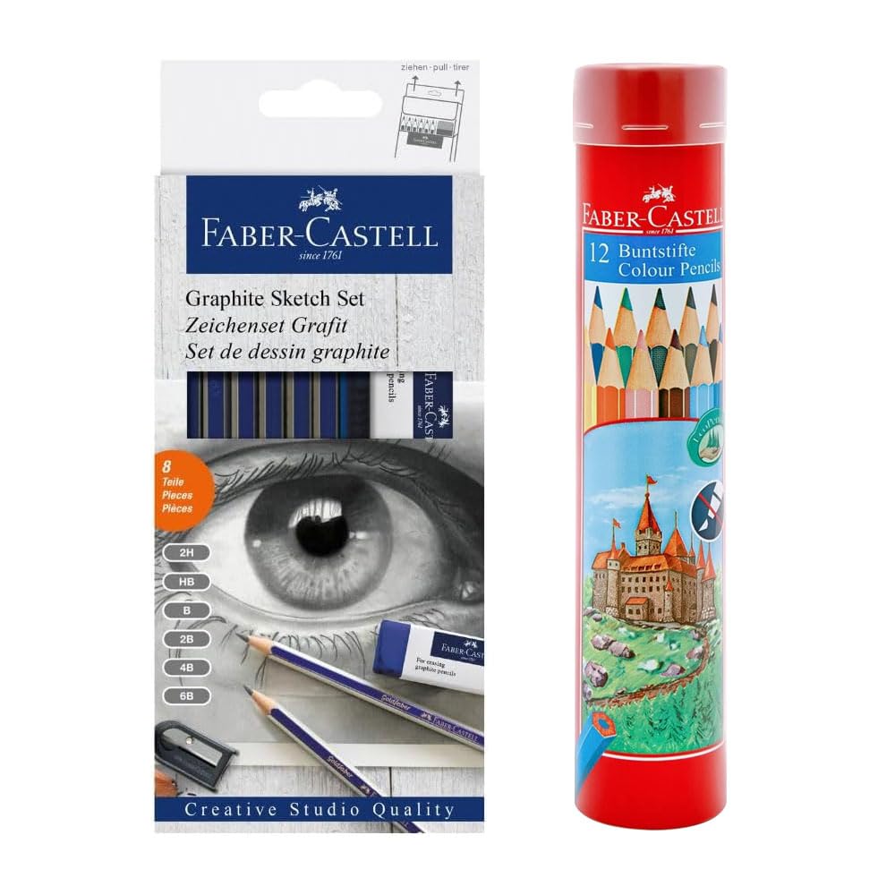 مجموعه مداد Faber-Castell Gold Faber Degree (6 مداد + 1 پاک کن + 1 تیز کن) + مداد های رنگی کلاسیک 12 در یک جعبه فلزی گرد
