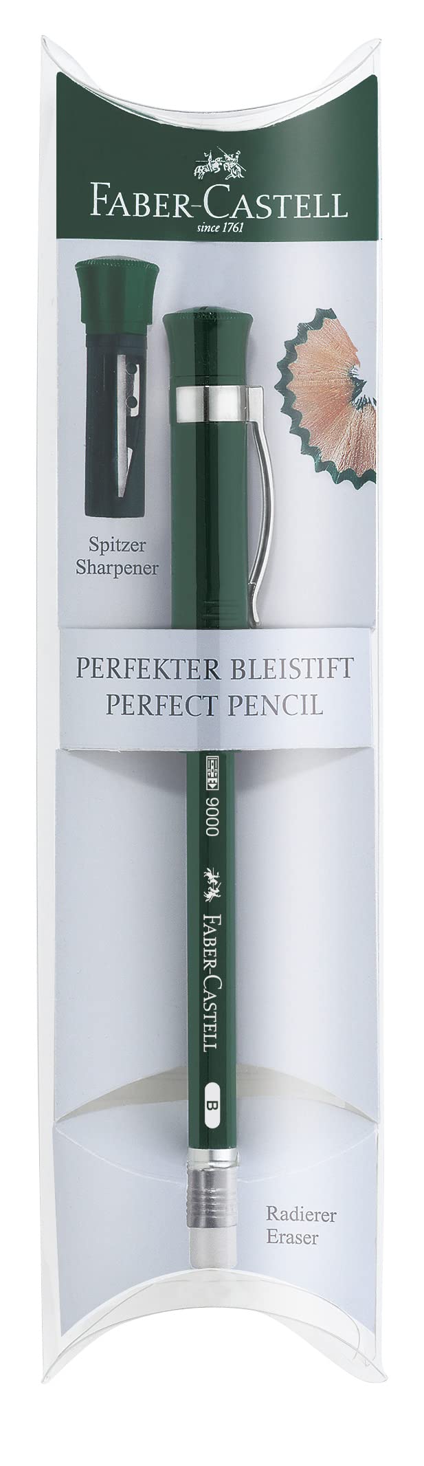 Faber-Castell 119037 - Perfekter Bleistift Castell 9000, Härtegrad B, Schaftfarbe: grün | Writes, sharpens, erases and protects with integrated sharpener, extender and eraser cap Perfecter Bleistift B