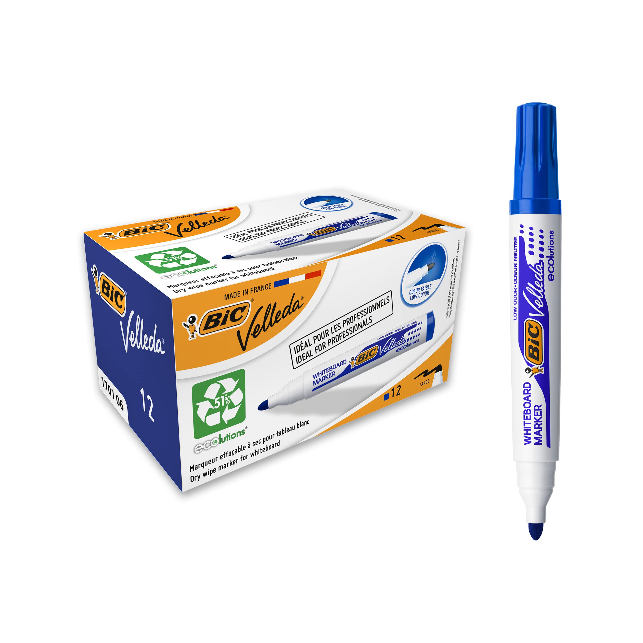 مداد‌های وایت برد Bic Velleda 1701 Ecolutions، از نوع آبی - جعبه‌ای شامل 12 عدد - مناسب استفاده برای تخته‌های سفید در مدرسه یا دفتر