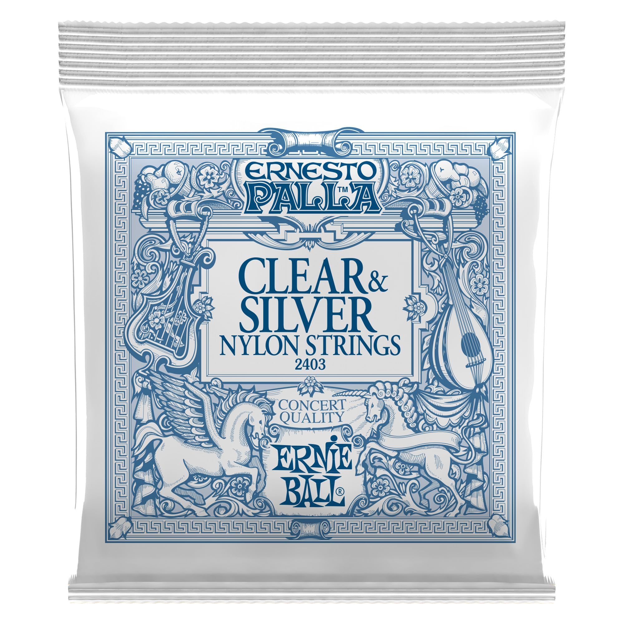 رشته های گیتار کلاسیک نایلونی کلاسیک Ernie Ball Ernesto Palla با رنگ های شفاف و نقره ای (Clear & Silver) مناسب برای گیتار کلاسیک Tie-On Clear و Silver هستند.