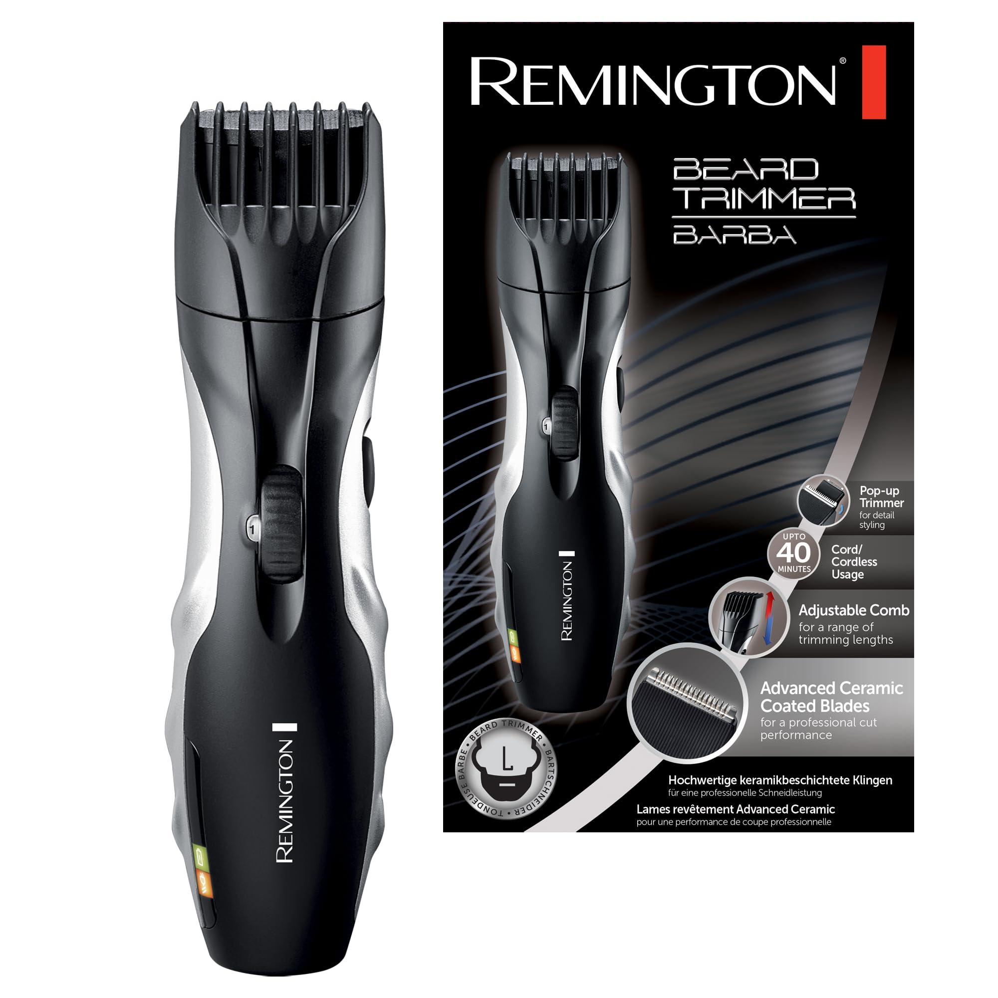 Remington Barba Beard Trimmer (Advanced Ceramic Blades, Pop-up Detail Trimmer, Adjustable Zoom Wheel, 9 Length Settings, Comb Attachment, Cord or Cordless, 40-Minute Runtime) MB320C
