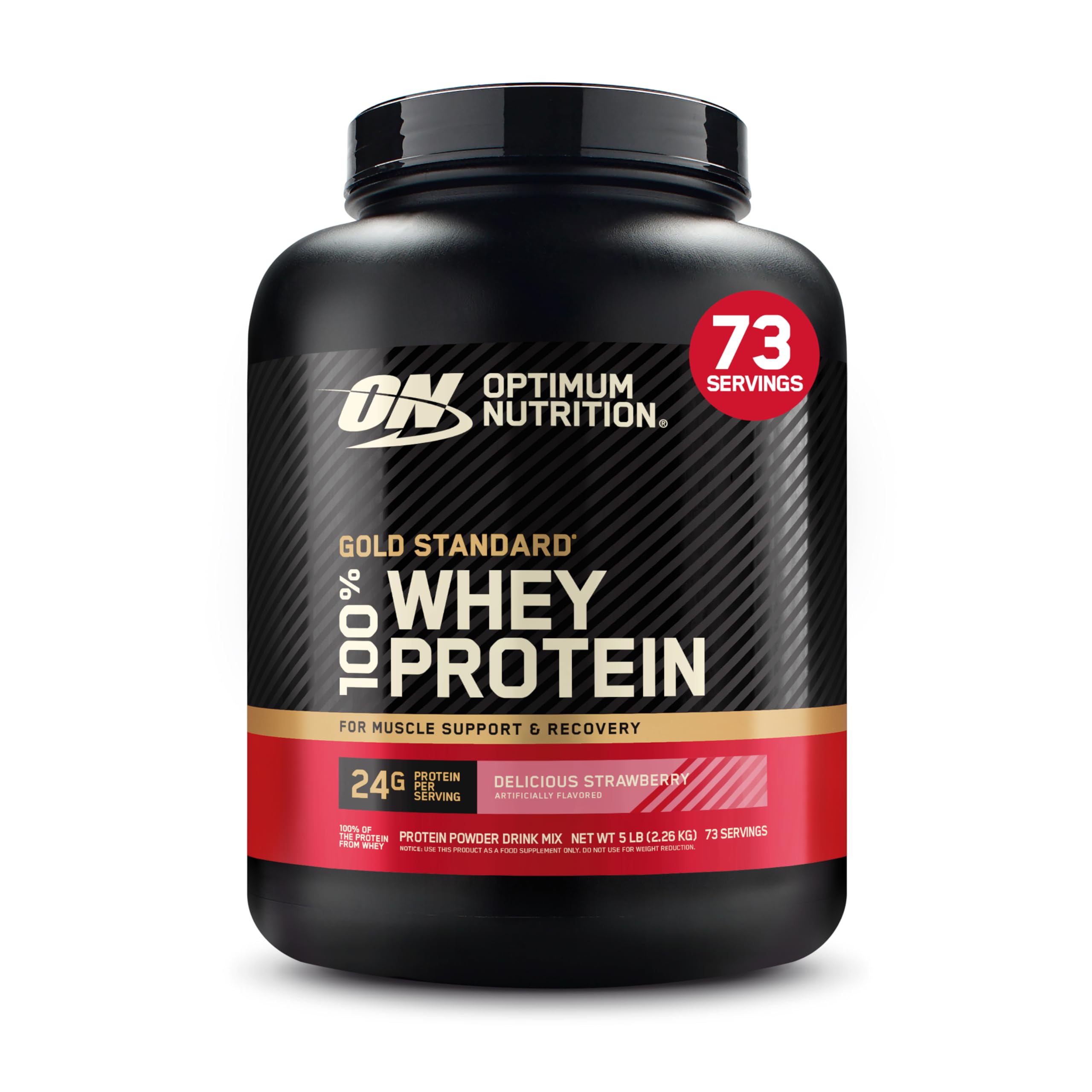 پودر پروتئین وی Gold Standard 100% Whey اپتیموم نیوتریشن (ON)، منبع اصلی آیزوله، 24 گرم پروتئین برای حمایت از عضلات و بازسازی - توت فرنگی خوشمزه، 5 پوند، ۷۳ سرویس (2.27 کیلوگرم) توت فرنگی خوشمزه 5 پوند