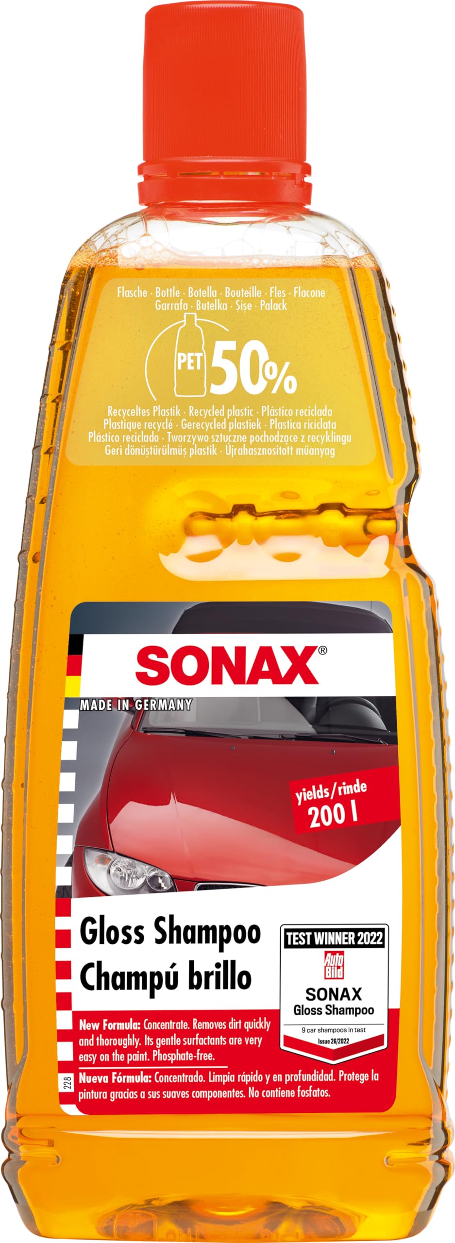 Sonax مایع شستشوی خودروی چرمی - ۱لیتر غلظت مایع شستشوی خودرو برای تمام سطوح رنگ - با پایه pH - بدون اسیدیته، براقیت بالا، حالت غلیظ، بوی خوشایند