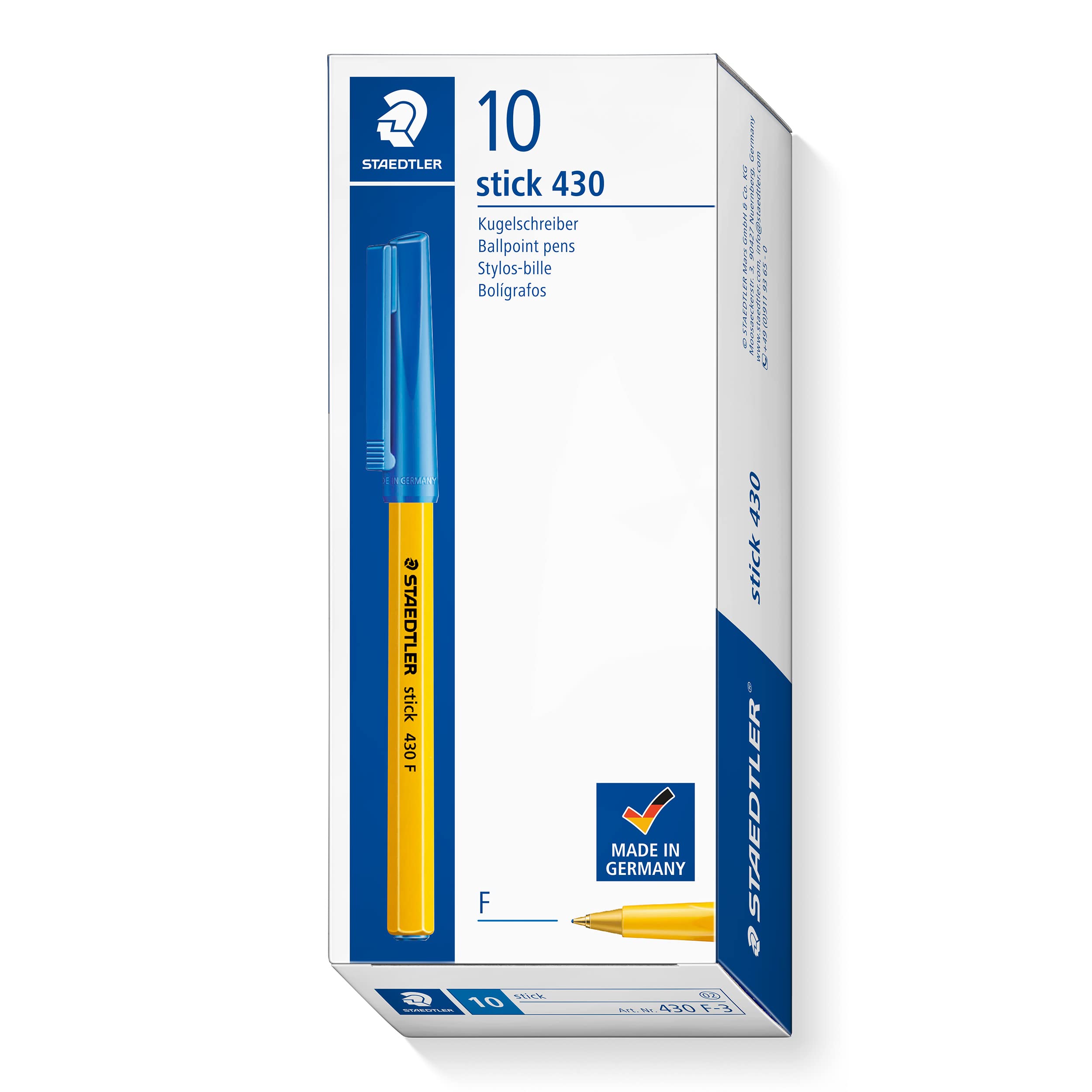 خودکار توپی مدل STAEDTLER Stick 430 F 3 با نوک نازک، رنگ آبی، جعبه 10 عددی، 430 F-3 VE آبی 10 عدد (بسته‌ای 1 عددی) با نوک نازک