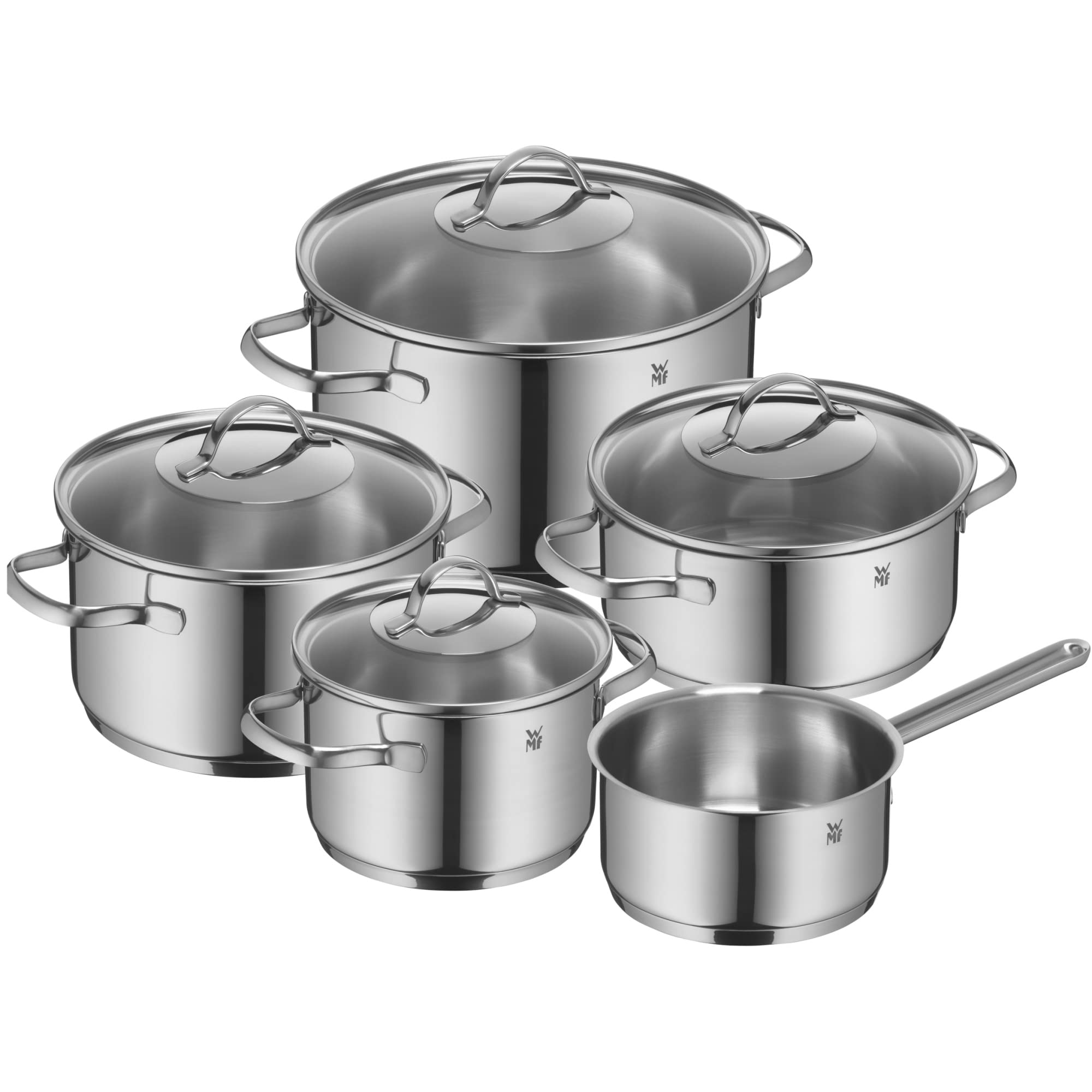 مجموعه تابه 5 تایی و اندازه گیری WMF Provence با درپوش شیشه ای، از جنس استیل ضد زنگ کرومارگان فولادی زرق براق، مجموعه تابه، مجموعه تابه غیر روکارده اندازه گیری WMF Provence با پنج عدد قابل استفاده است.