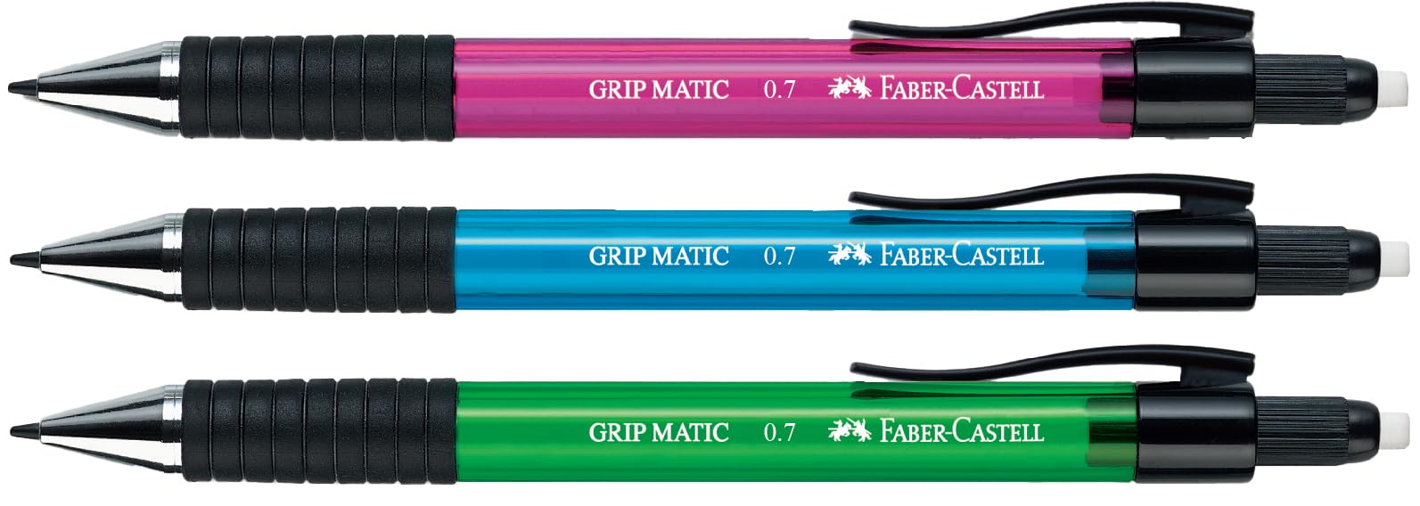 قلم مکانیکی Faber-Castell Grip matic ، 0.7 میلی‌متر ، رنگ مشکی ، منطقه چسبان آزاد ، با پاک کن یکپارچه ، دارای کلیپ فلزی