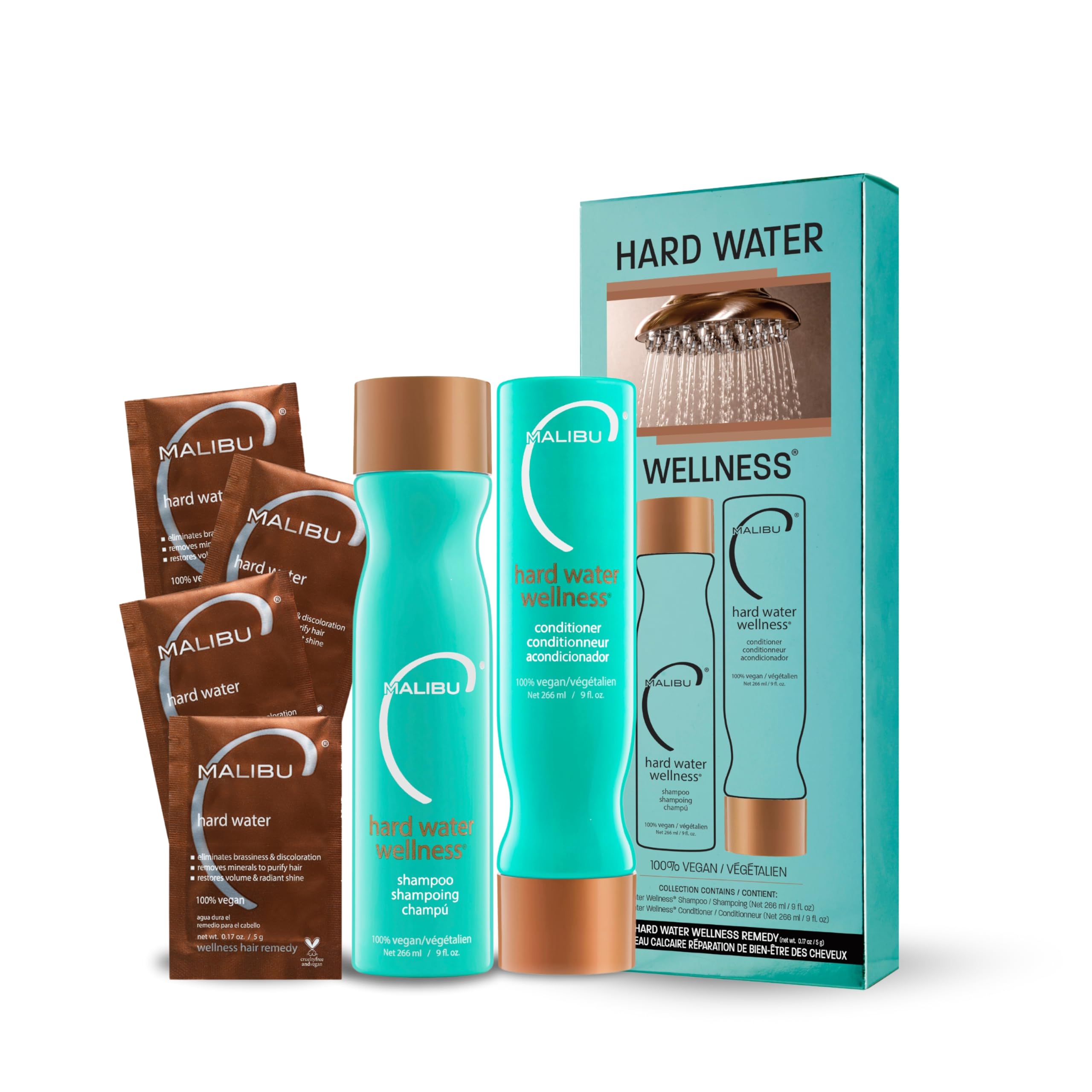 مجموعه محصولات موی Malibu C Hard Water Wellness Collection، شامپو مراقبتی مو، کرم نرم‌کننده و روشن‌کننده مو کمک می‌کنند تا رسوبات آب سخت و آلودگی‌ها را از موها پاک کنند.