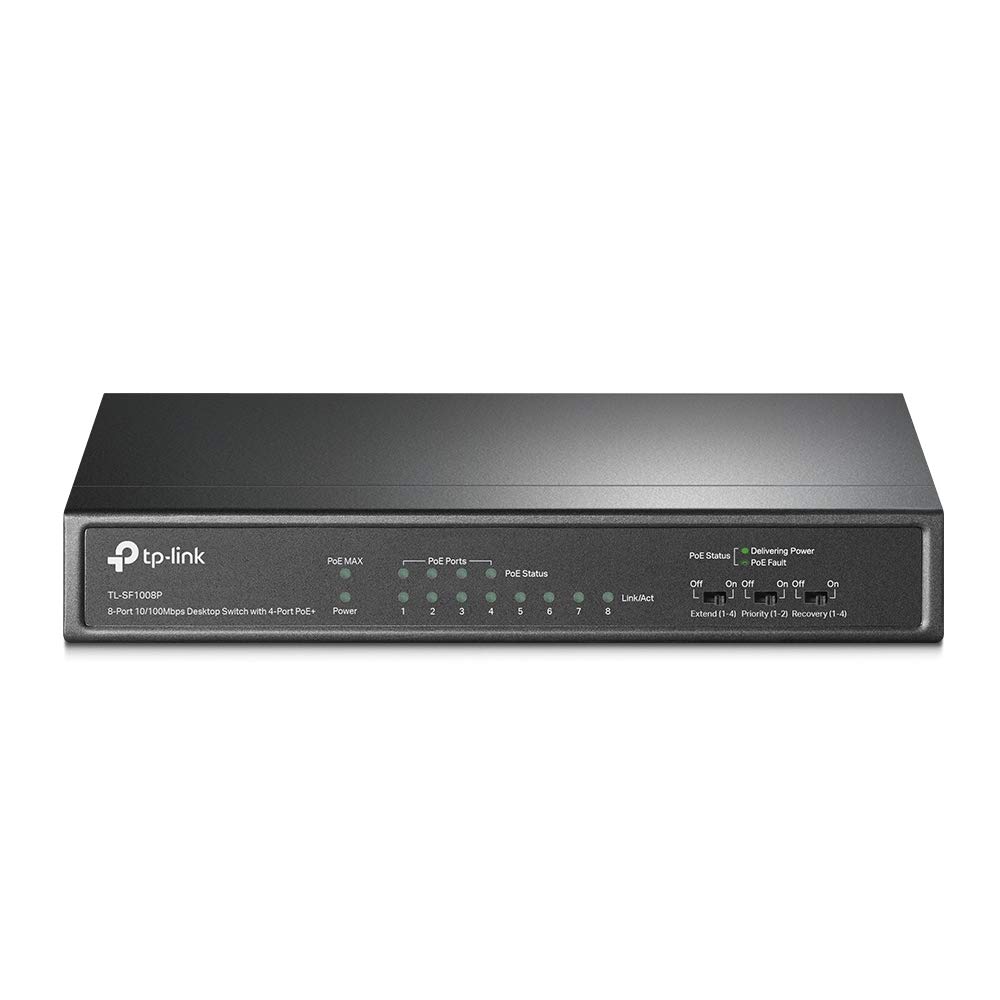 سوئیچ TP-Link 8 پورت اترنت سریع 10/100 مگابیت بر ثانیه با پورت‌های PoE | 4 پورت PoE با قدرت 57 وات | دسکتاپ | پلاگ اند پلی | بدنه فلزی محکم با پورت‌های شیلد شده | بدون فن | محافظت محدود برای همیشه | نامدیریت‌شده (TL-SF1008P) 8 پورت گیگابیتی | 66 وات | 4 پورت PoE+