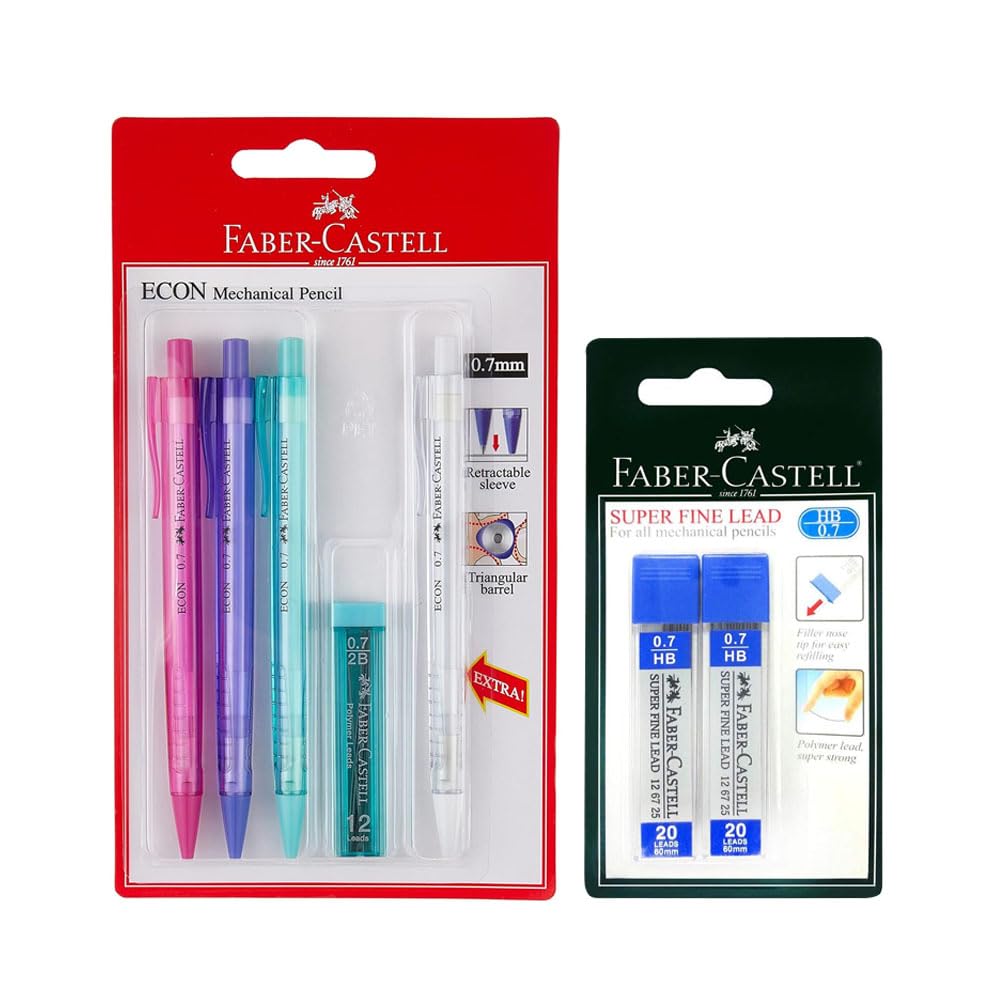 مداد مکانیکی Faber-Castell Econ 4 با سرپیچ 0.7 میلی‌متر، متنوع + 2 مجموعه مایع 0.7 میلی‌متر HB