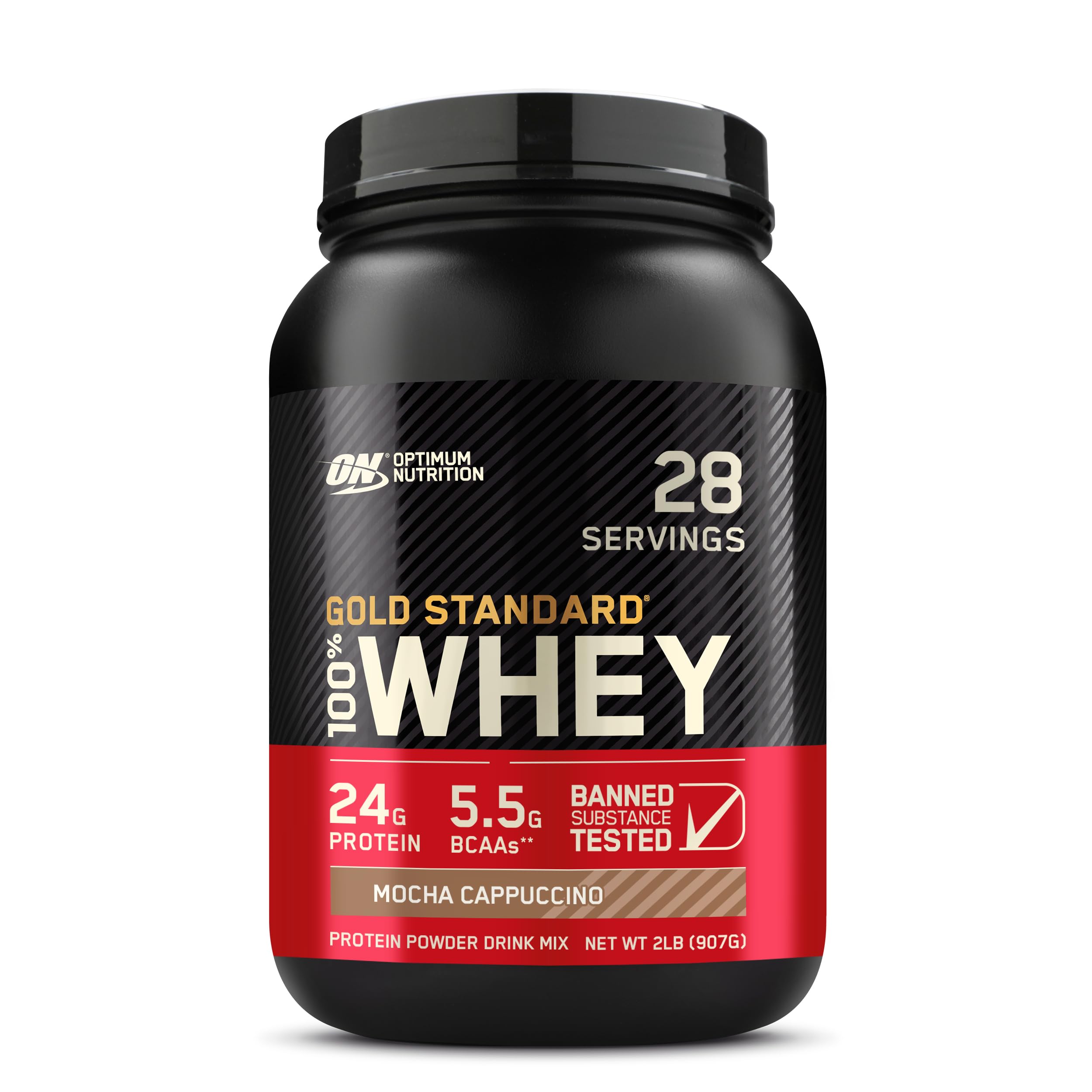 پودر پروتئین وی Gold Standard 100٪ شرکت تغذیه بهینه (ON)، 24 گرم پروتئین برای حمایت از عضلات و بازیابی - موکا کاپوچینو، 2 پوند، 28 سرو (907 گرم)