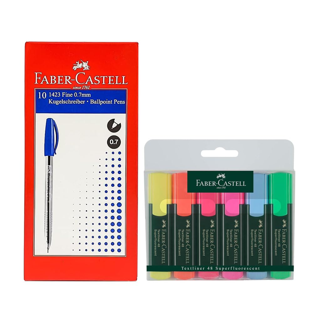 قلم توپ Faber-Castell 1423 با نوک 0.7 میلی‌متر جعبه‌ای شامل ۱۰ عدد رنگ آبی + کیف برجسته کلاسیک شش تایی