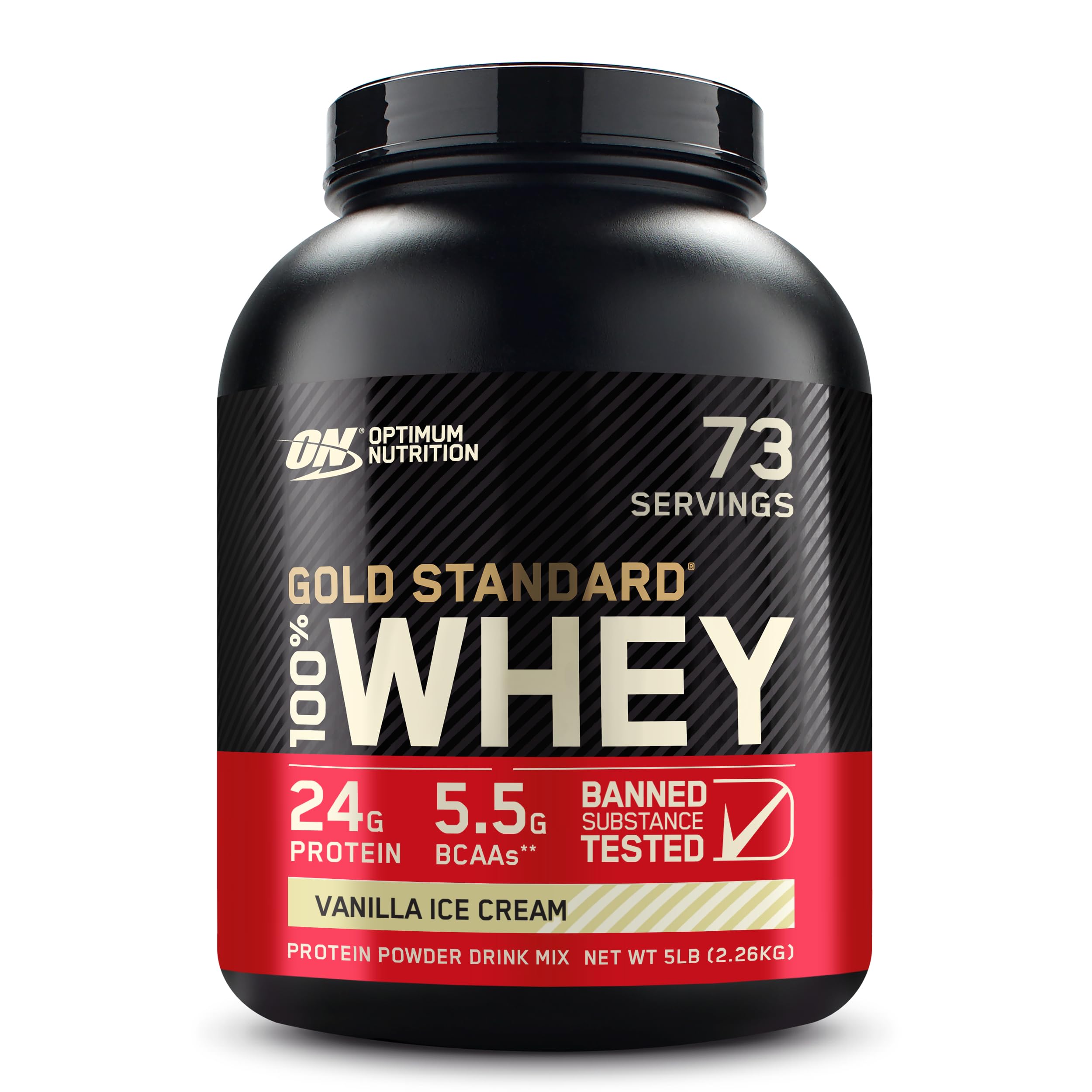 پودر پروتئین وی Gold Standard 100% Whey Protein Powder اپتیموم نوتریشن (ON)، منبع اصلی آیزوله، 24 گرم پروتئین برای حمایت از عضلات و بازسازی - ایسکریم وانیل، 5 پوند، 73 سروینگ (2.27 کیلوگرم) ایسکریم وانیل 5 پوند