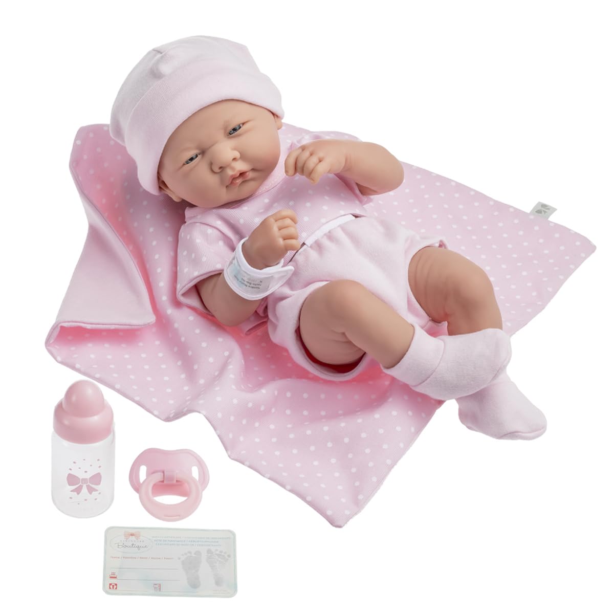 عروسک ۱۴ اینچی لا نیوبورن بوتیک مدل ۱۸۵۴۱ از برند JC Toys، مجموعه‌ای ۹ تکه‌ای شامل دختر واقعی در رنگ صورتی و بوکس استاندارد