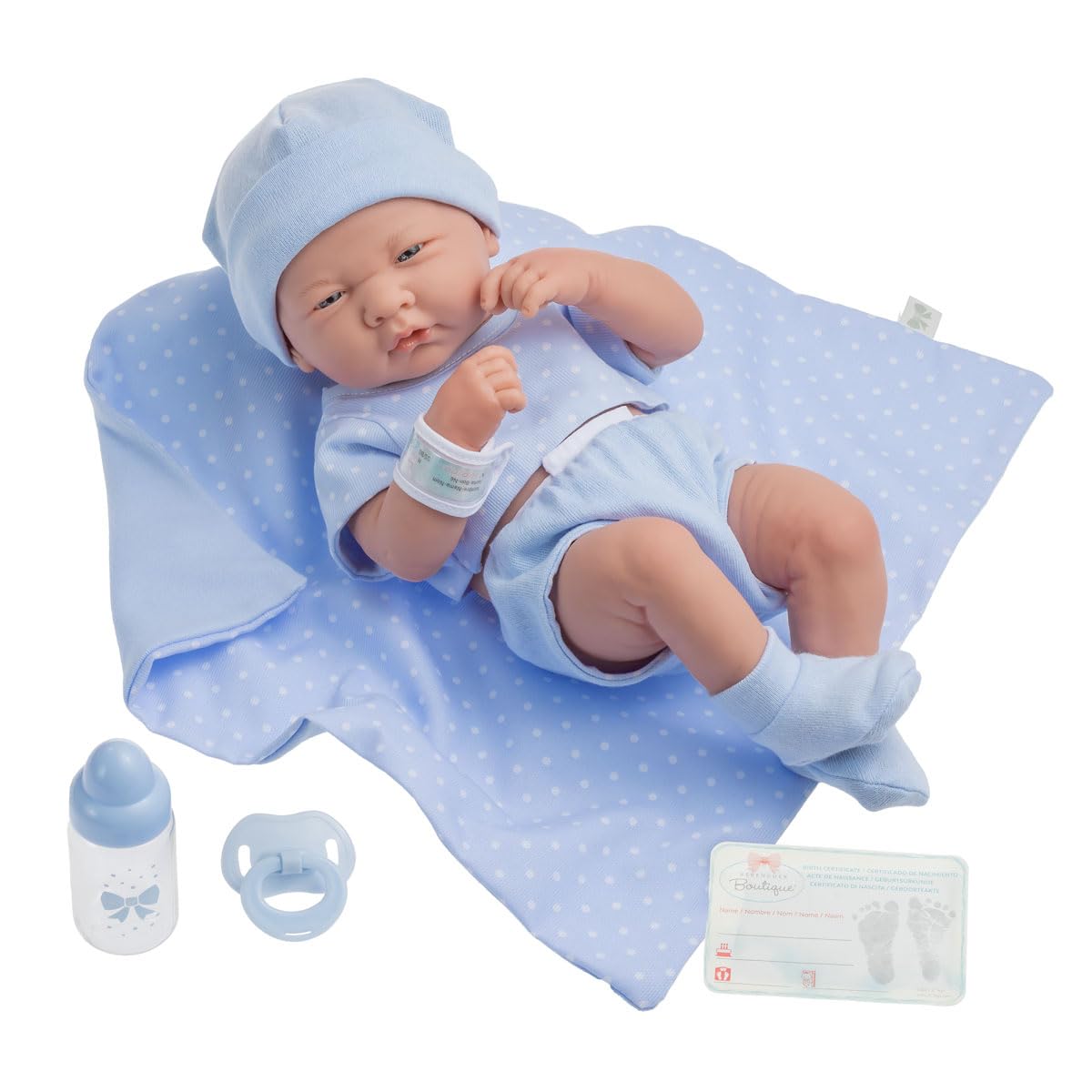 عروسک پسر واقعی La Newborn 14 اینچی از برند JC Toys Berenguer Boutique  مجموعه هدیه 9 تکه، پسر واقعی در بسته بندی استاندارد آبی