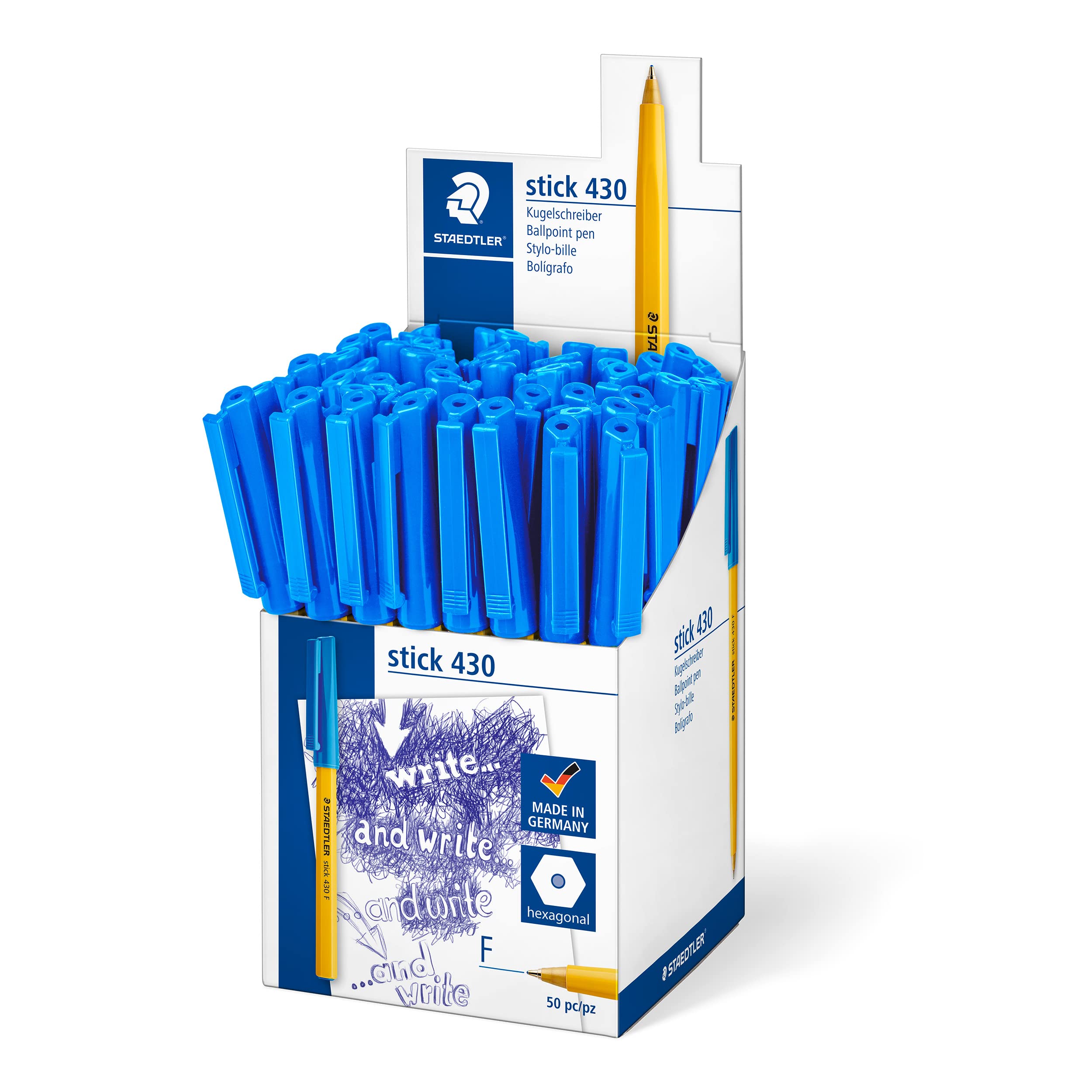 خودکار توپی استدلر 430 F-3CP5 نازک - آبی، بسته‌ای شامل 50 خودکار آبی (بسته‌بندی ۱ عددی) کیفیت نازک