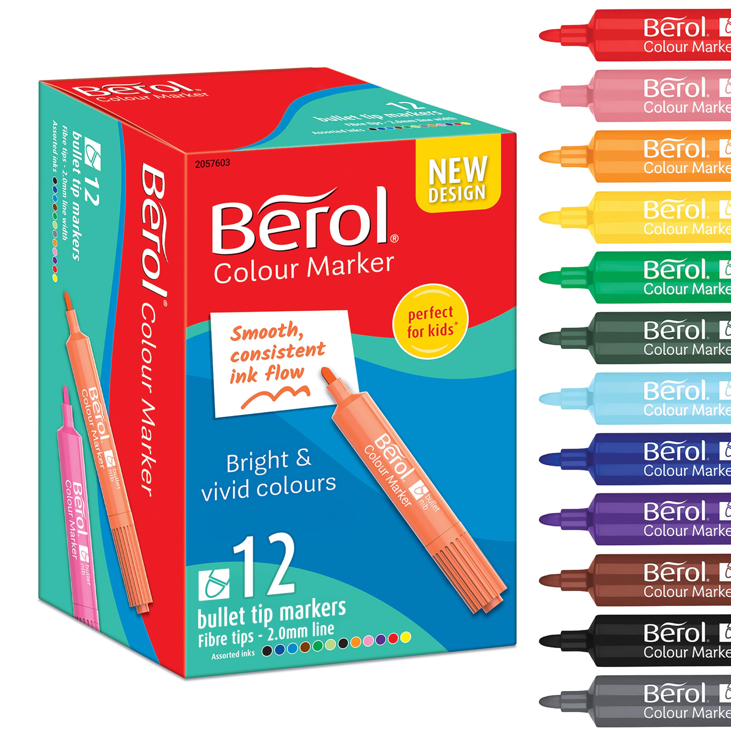 نقاشی با مداد رنگی Berol Felt Tip | نقطه نیزه‌ای (2.0 میلی‌متر) | رنگ‌های مختلف با جوهر قابل شستشو | 12 قلم نقطه نیزه‌ای 12 عدد (بسته‌ای 1)