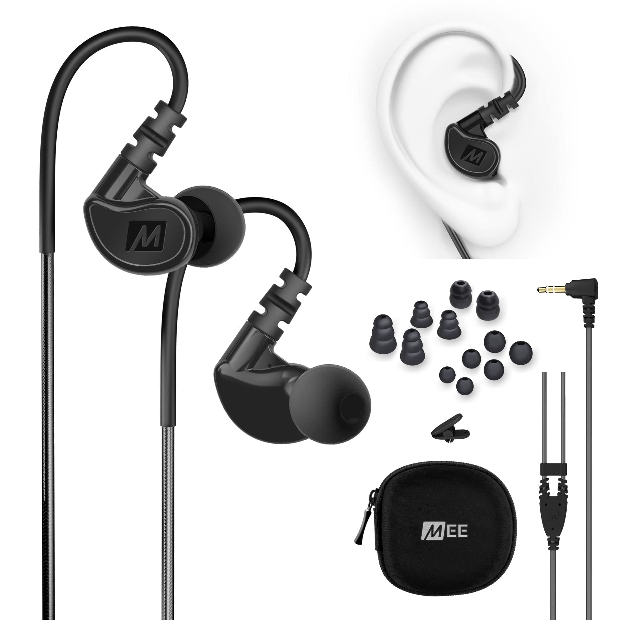 گوشی‌های ورزشی ضدعرق MEE audio M6 با سیم و وصله 3.5 میلی‌متری و دارای آویز گوش حافظه سیاه، هدفون‌های داخل گوشی Corded Earphones Earbuds، Earphone-M6-BK-MEE، M6-BK 3.5mm Wired Black