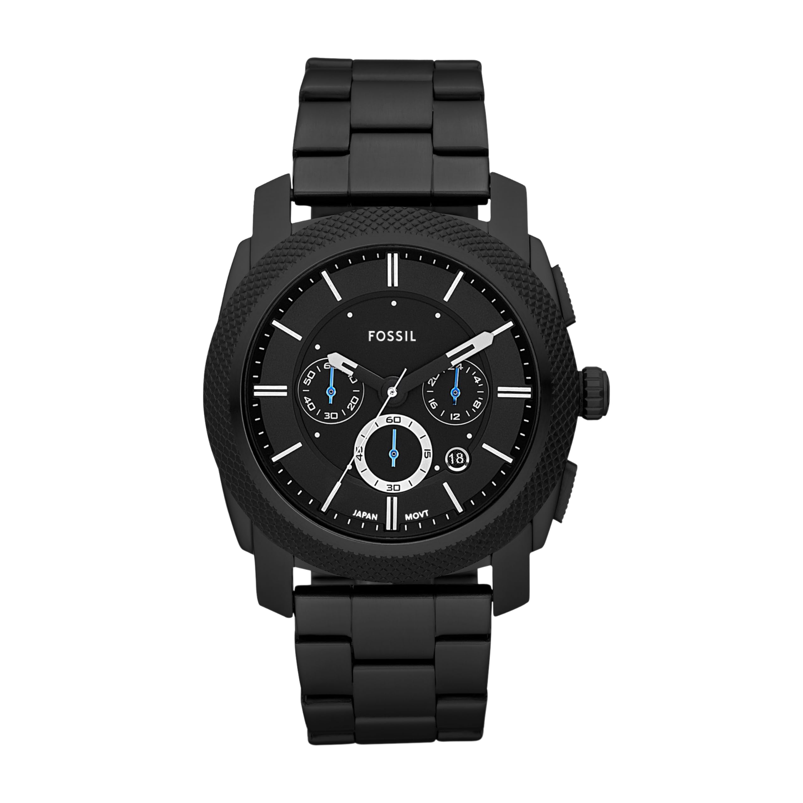 ساعت مردانه Fossil Machine با بند استیل یا چرم، نمایشگر همروند یا آنالوگ دارای طراحی خاکستری تیره و آبی