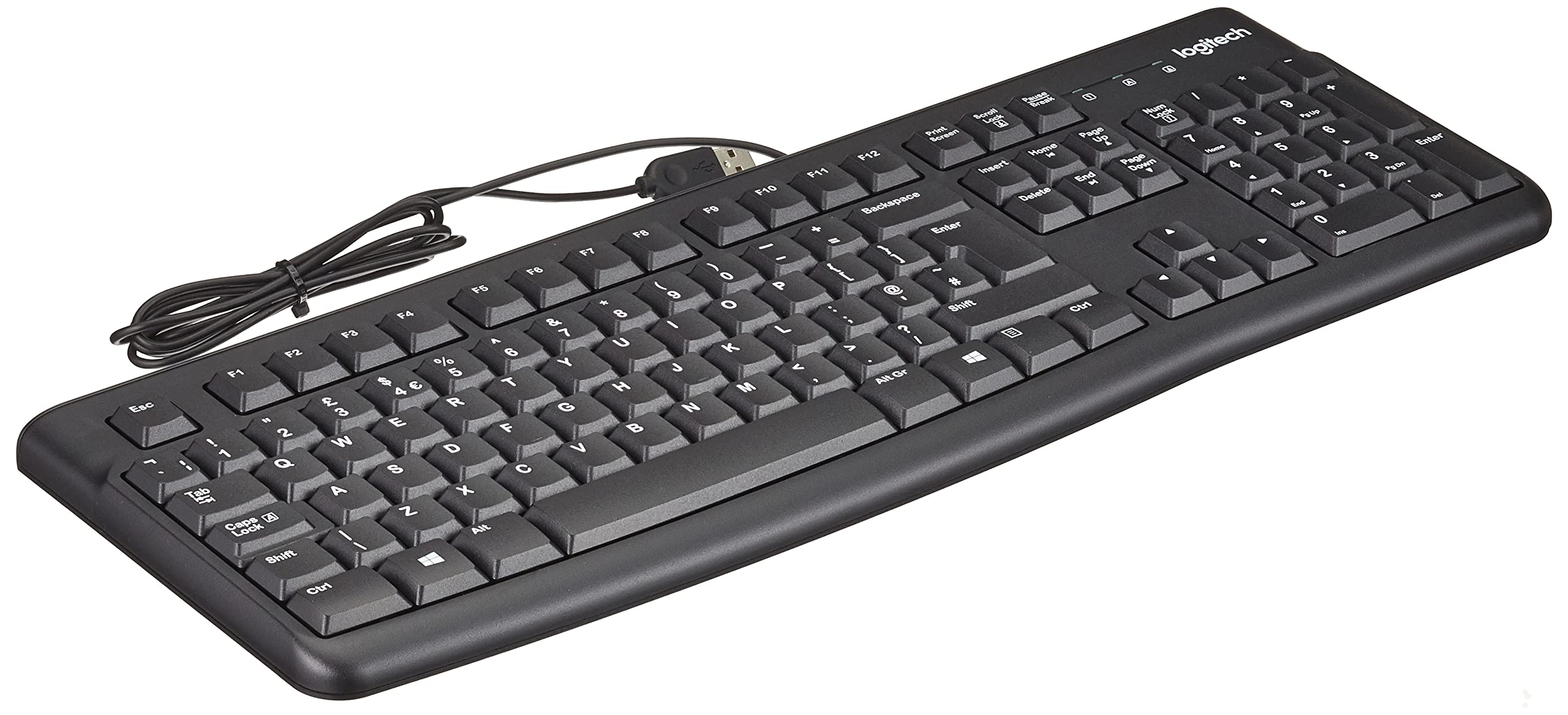 کیبورد باسیم تجاری Logitech K120 برای ویندوز یا لینوکس، پلاگین و پلی، اندازه کامل، مقاوم در برابر ریزش مایعات، نوار فضای منحنی، کامپیوتر/لپتاپ، طرح QWERTY بریتانیایی - سیاه
