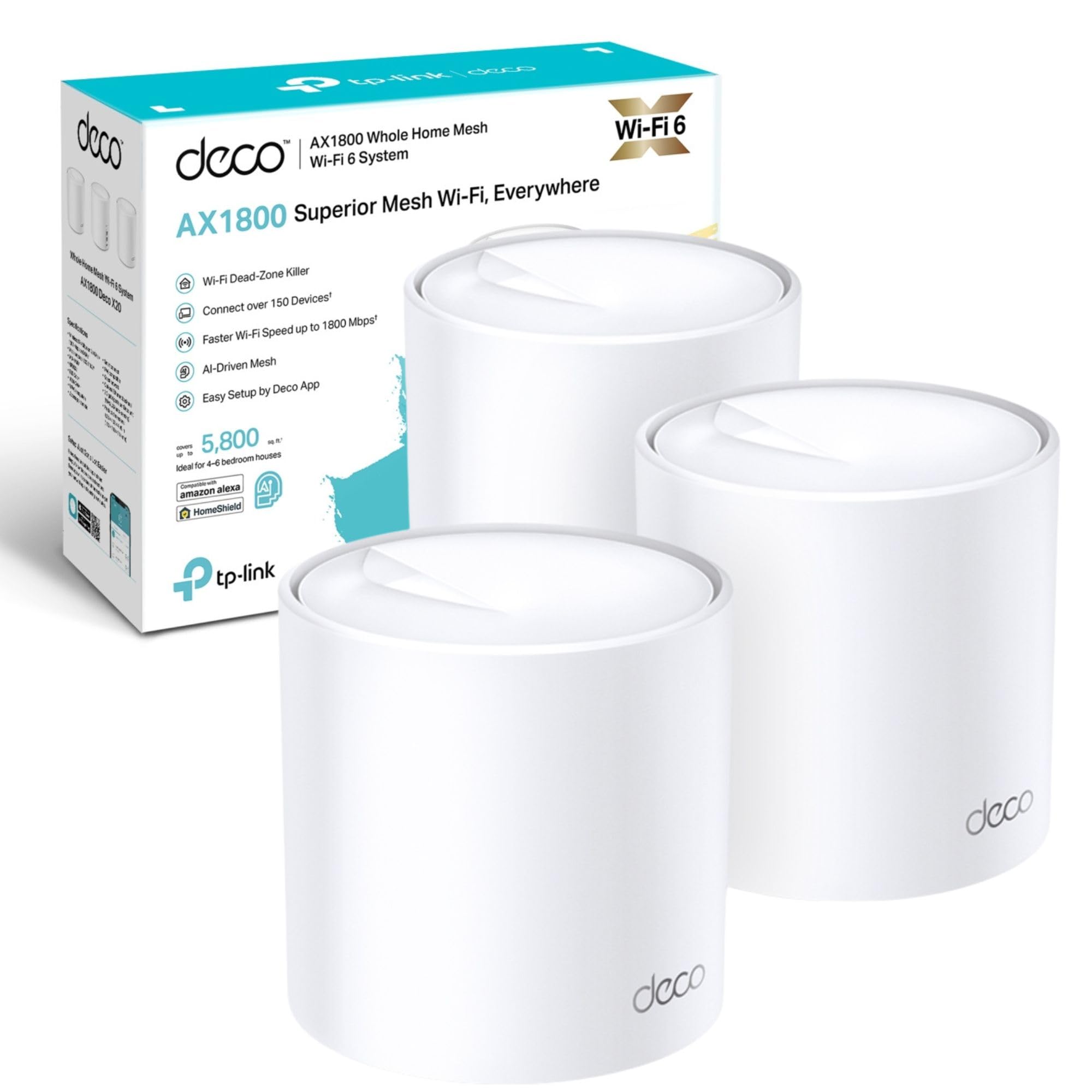 سیستم WiFi 6 Mesh کلی TP-Link Deco X20 AX1800، Mesh با انگیزه هوش مصنوعی، تا پوشش 5800 فوت مربع، 1 گیگاهرتز Quad-Core CPU، سازگار با Amazon Alexa، با کیت TP-Link HomeShield، بسته 3 عددی، سفید
