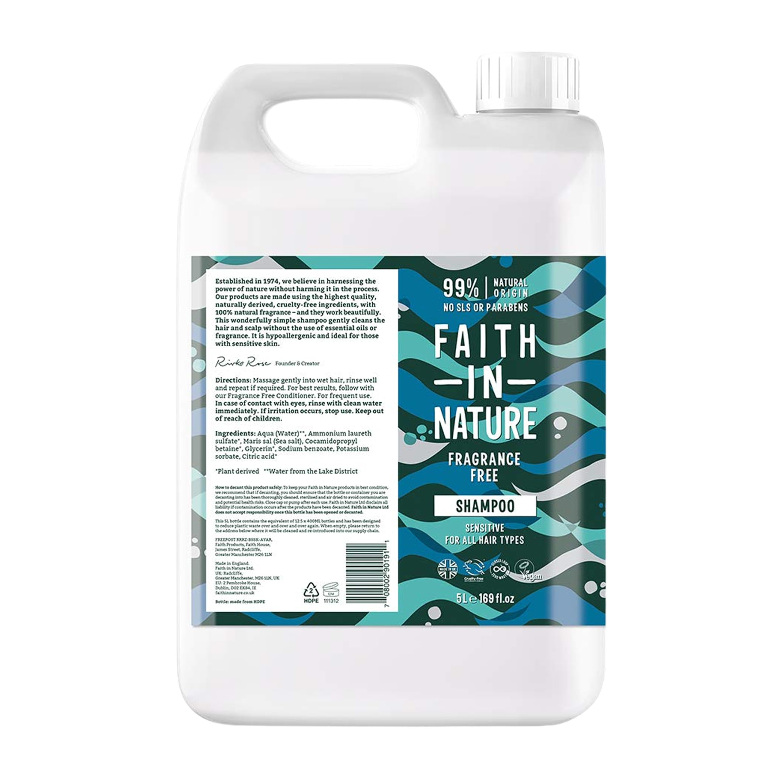 شامپو طبیعی بدون عطر Faith In Nature، حساس، گیاهی و بدون سوءتفاهم و پارابن، مناسب برای همه‌ی انواع مو، بسته‌ی شارژ مجدد 5 لیتری - بدون عطر