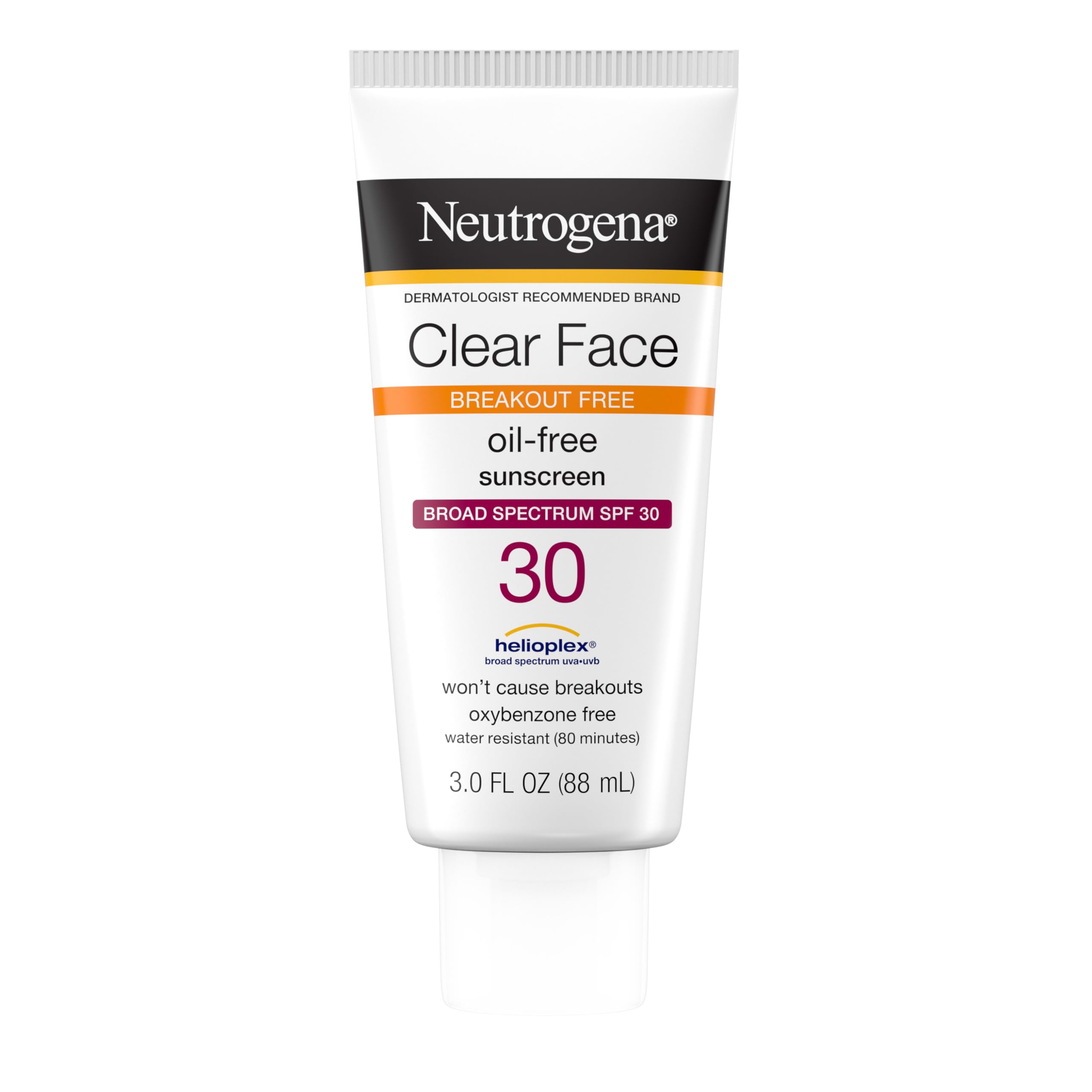 ضدآفتاب مایع صورت Neutrogena Clear Face برای پوست‌های مستعد جوش، ضدآفتاب طیف وسیع SPF 30 با هلیوپلکس، بدون اوکسی‌بنزون، بدون روغن، بدون عطر؛ غیرکومدوژنیک، 88 میلی‌لیتر SPF 30 (بسته‌ای 1 عدد)