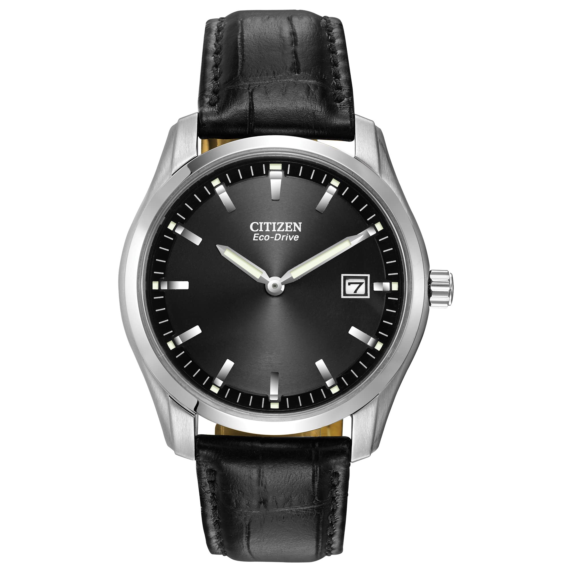 ساعت چرمی مردانه Citizen Classic Eco-Drive، با تاریخ، شاخص‌ها و ساعت‌های لومینوس، صفحه سیاه با طرح سیاه / سیاه