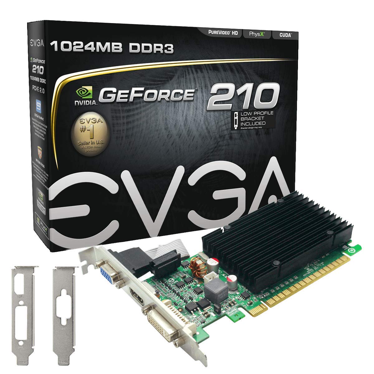 EVGA GeForce 210 با خنک‌کننده بدون فن 1024 مگابایت DDR3 PCI Express 2.0 DVI/HDMI/VGA کارت گرافیک، 01G-P3-1313-KR ۱ گیگابایت بدون فن