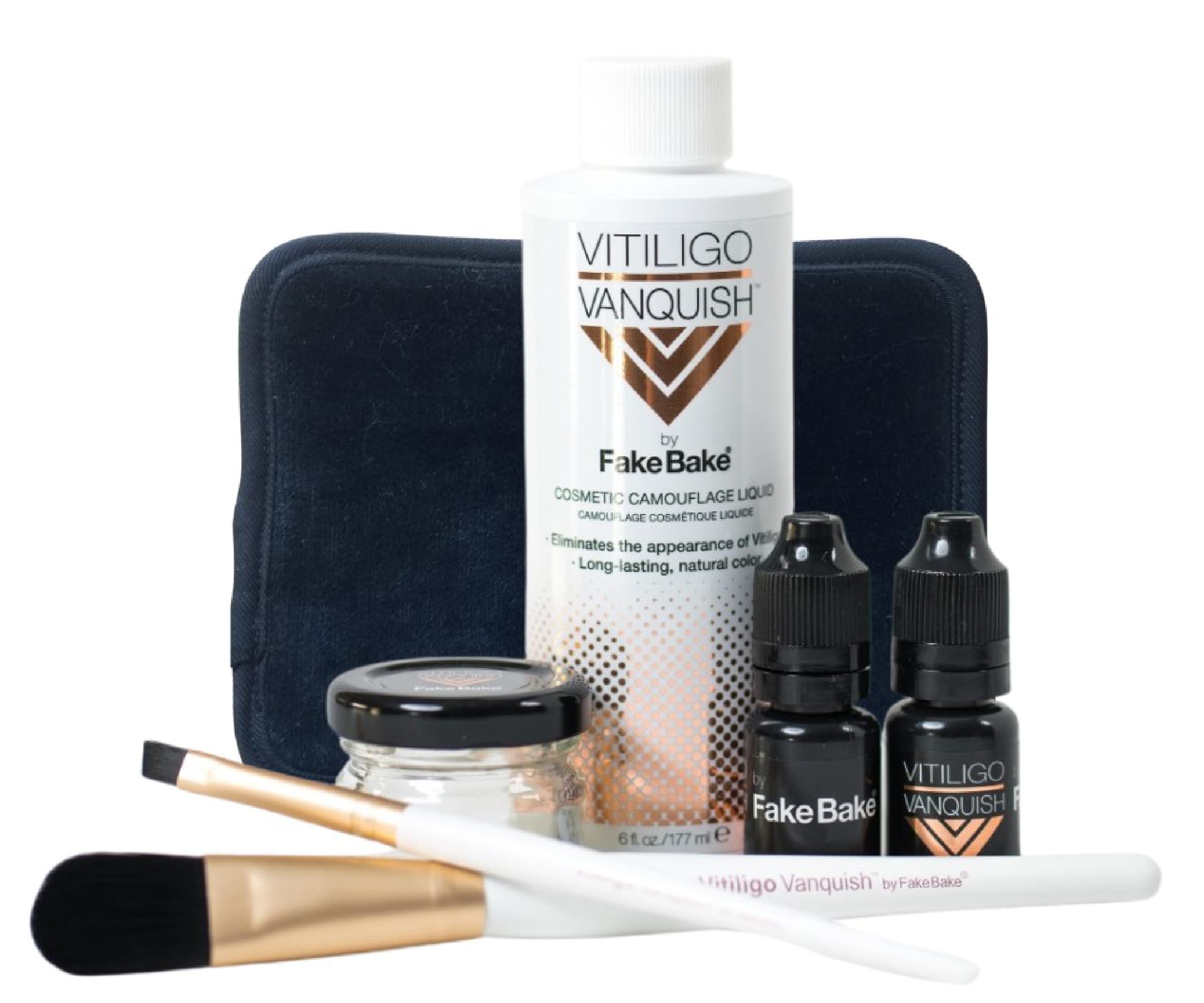 کیت آرایشی Fake Bake Vitiligo Vanquish شامل کنسیلر مایع است که رنگ طبیعی و ماندگار برای پوشش کامل لکه‌های Vitiligo در زنان و مردان فراهم می‌کند. این کیت امکان سفارشی‌سازی رنگ را برای از بین بردن ظاهر روشنی پوست می‌دهد و پوشش تا روز‌ها باقی می‌ماند.