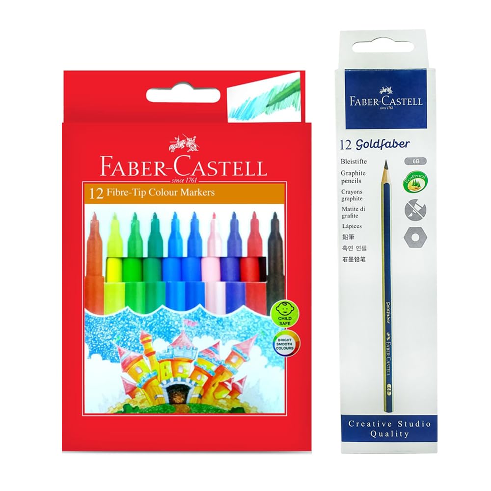 قلم نازک رنگی Faber-Castell Color Body 12 رنگ + مداد گرافیت Faber-Castell 1221 – 6B، جعبه 12 عددی