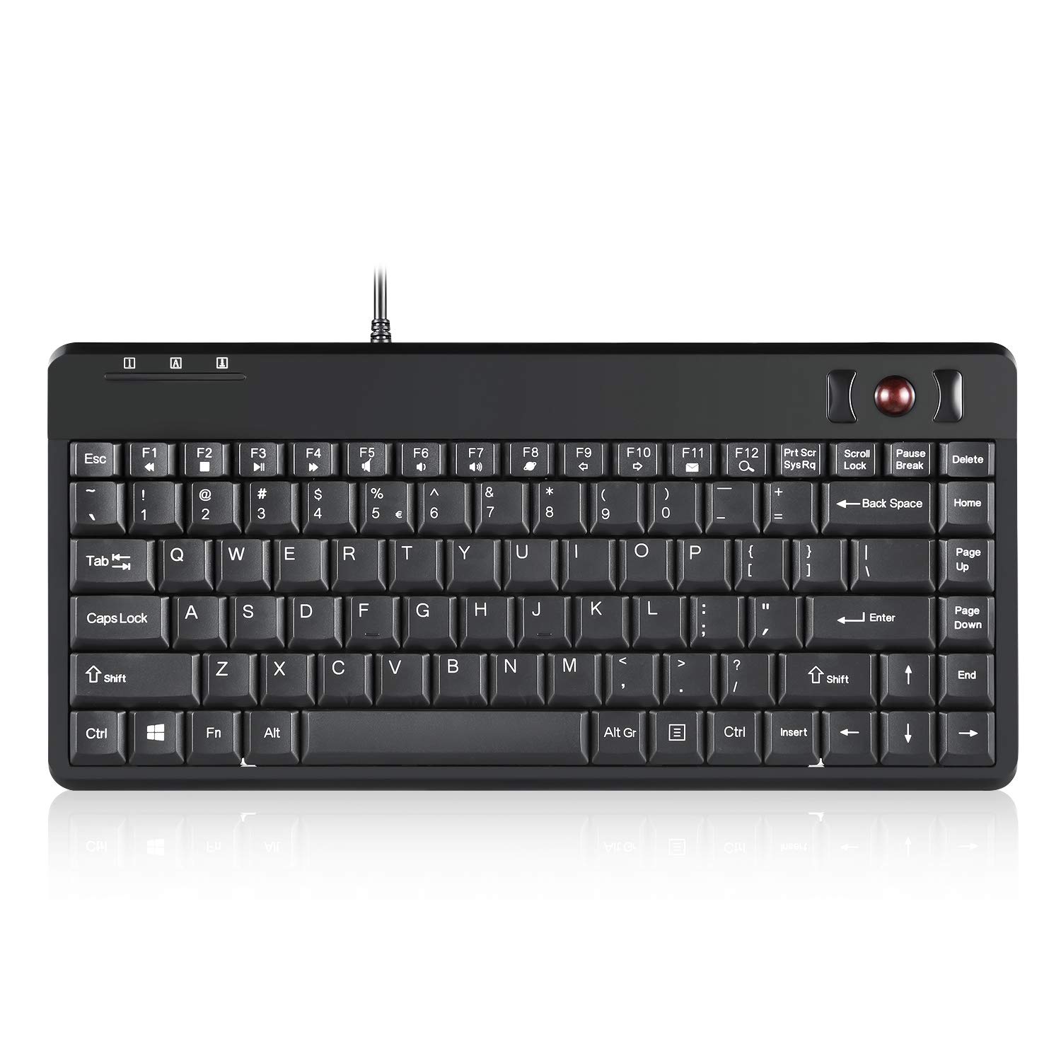 کیبورد کوچک با سیم Perixx PERIBOARD-505H با توپی پیگیری داخلی و 2 هاب USB، مرورگر 0.55 اینچی، رنگ مشکی، طرح انگلیسی US با ابعاد کوچک به همراه هاب‌ها