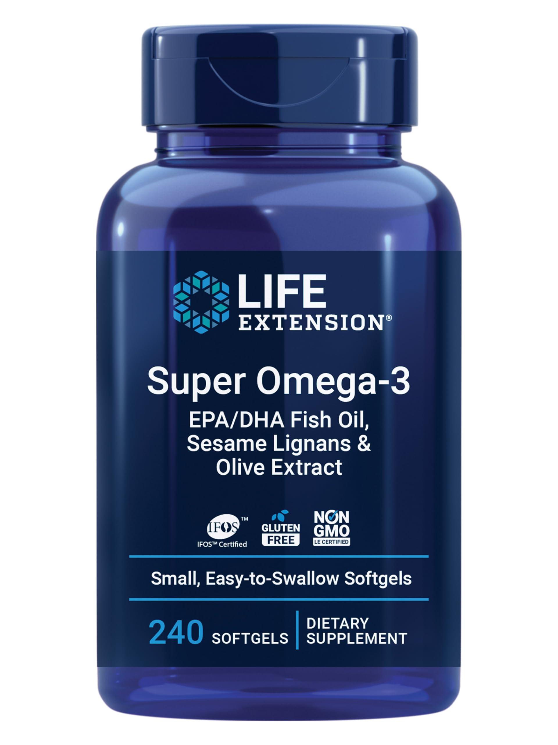 کپسول‌های نرم Life Extension Super Omega-3 با روغن ماهی EPA/DHA، لیگنان‌های سسام و عصاره زیتون برای حفظ سلامت قلب و حمایت از مغز، بدون گلوتن و غیر-تبدیل-شده ژنتیکی، بسیار راحت بزاردن در دهان، 240 عدد