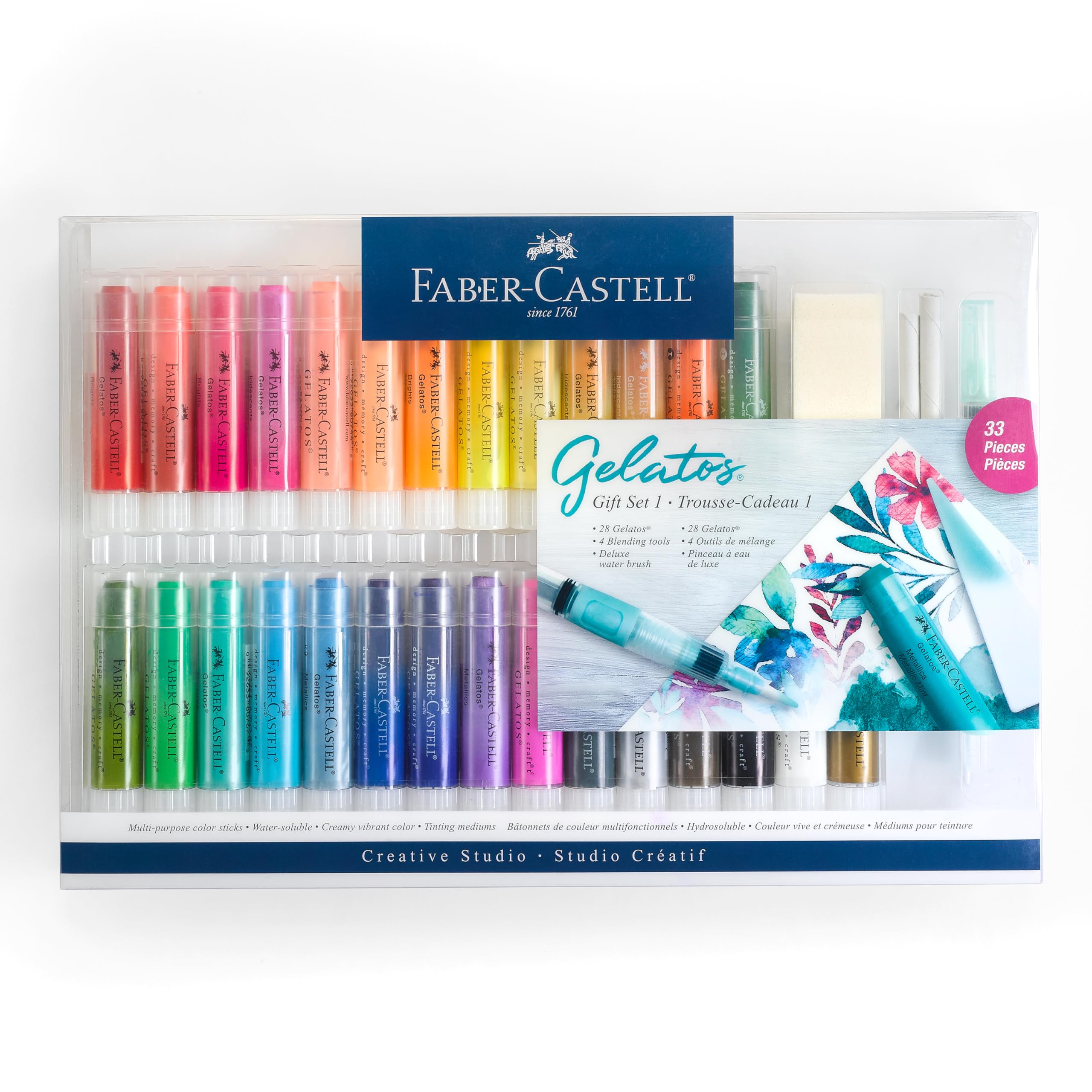 مجموعه هدیه Faber-Castell Gelatos: 28 قلم ژله‌ای آبی رنگ و لوازم هنری برای نقاشی، نقاشی و روزنامه‌نگاری، قلم‌های رنگی ژله‌ای هنری چندمنظوره، استیک‌های ژله‌ای برای مدیاهای مختلط، مجموعه هدیه اصلی