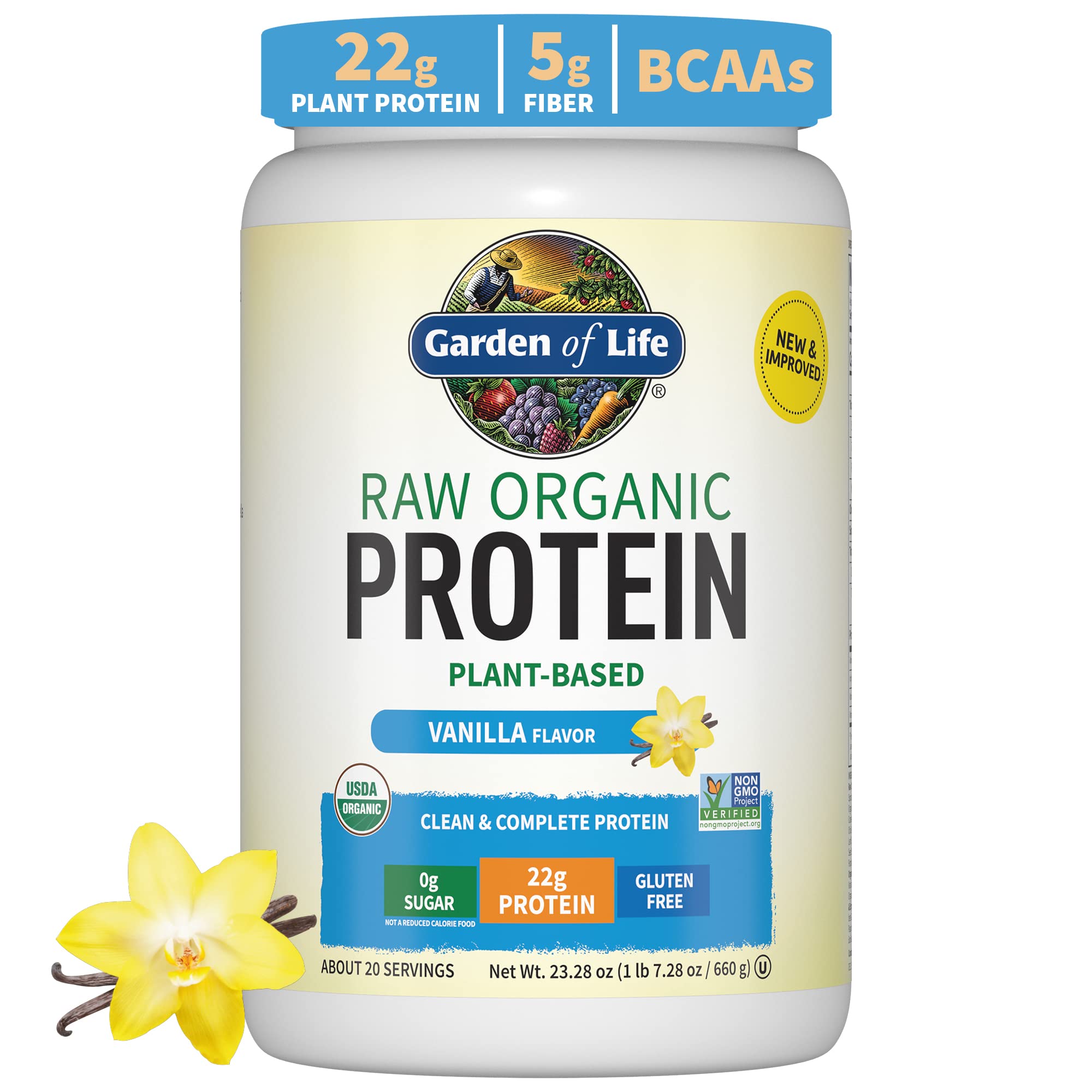 Garden of Life Raw Organic Protein Vanilla Powder, 20 Servings - Certified Vegan, Gluten Free, Organic, Non-Gmo, Plant Based Sugar Free Protein Shake With Probiotics & Enzymes, 4G Bcaas, 22G Protein Vanilla 20 Servings (Pack of 1)
