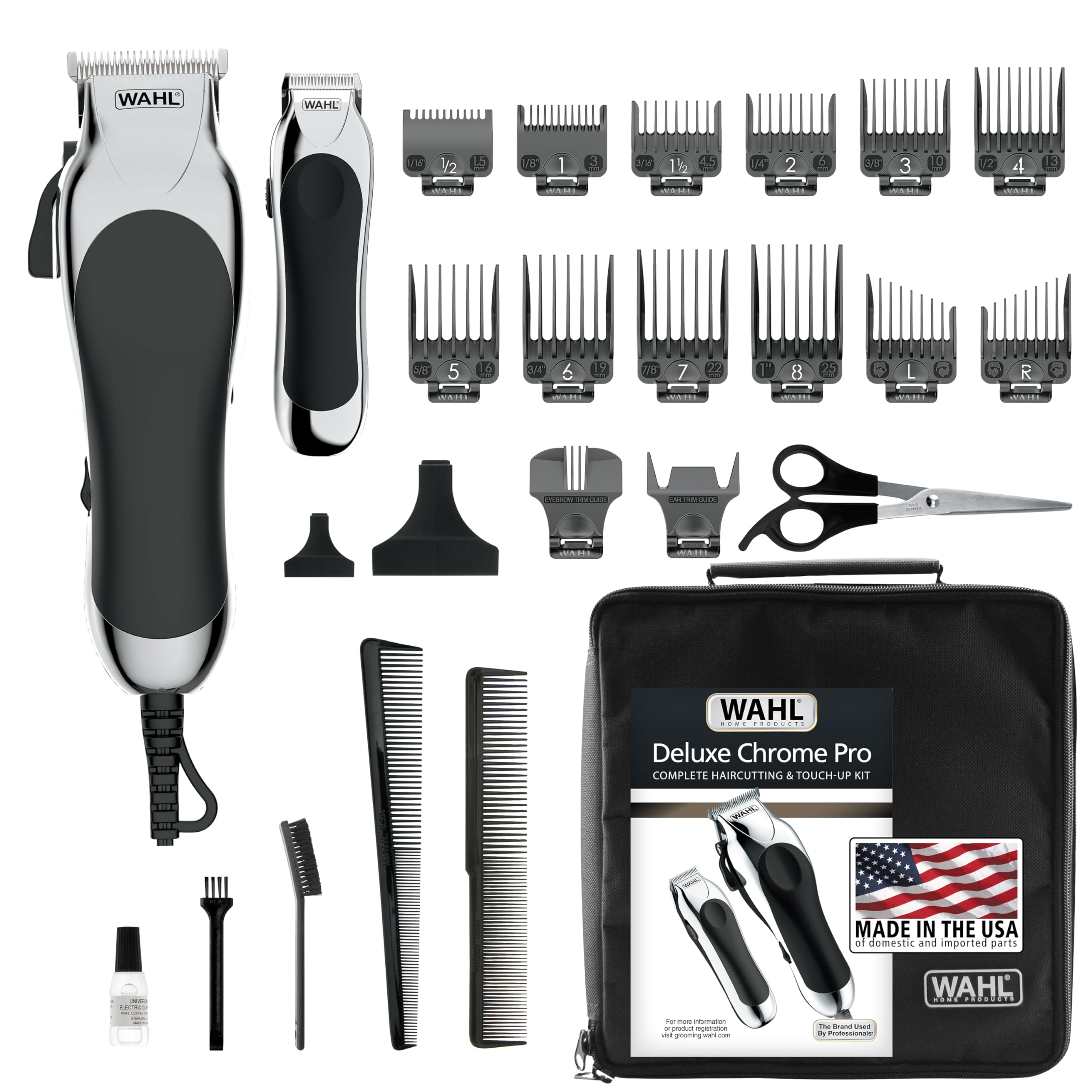 پک کامل اصلاح و تراش مو و ریش Wahl Cordless Deluxe Chrome Pro، شامل کلیپر با راهنمای برای هر بار بریدن، 79524-5201