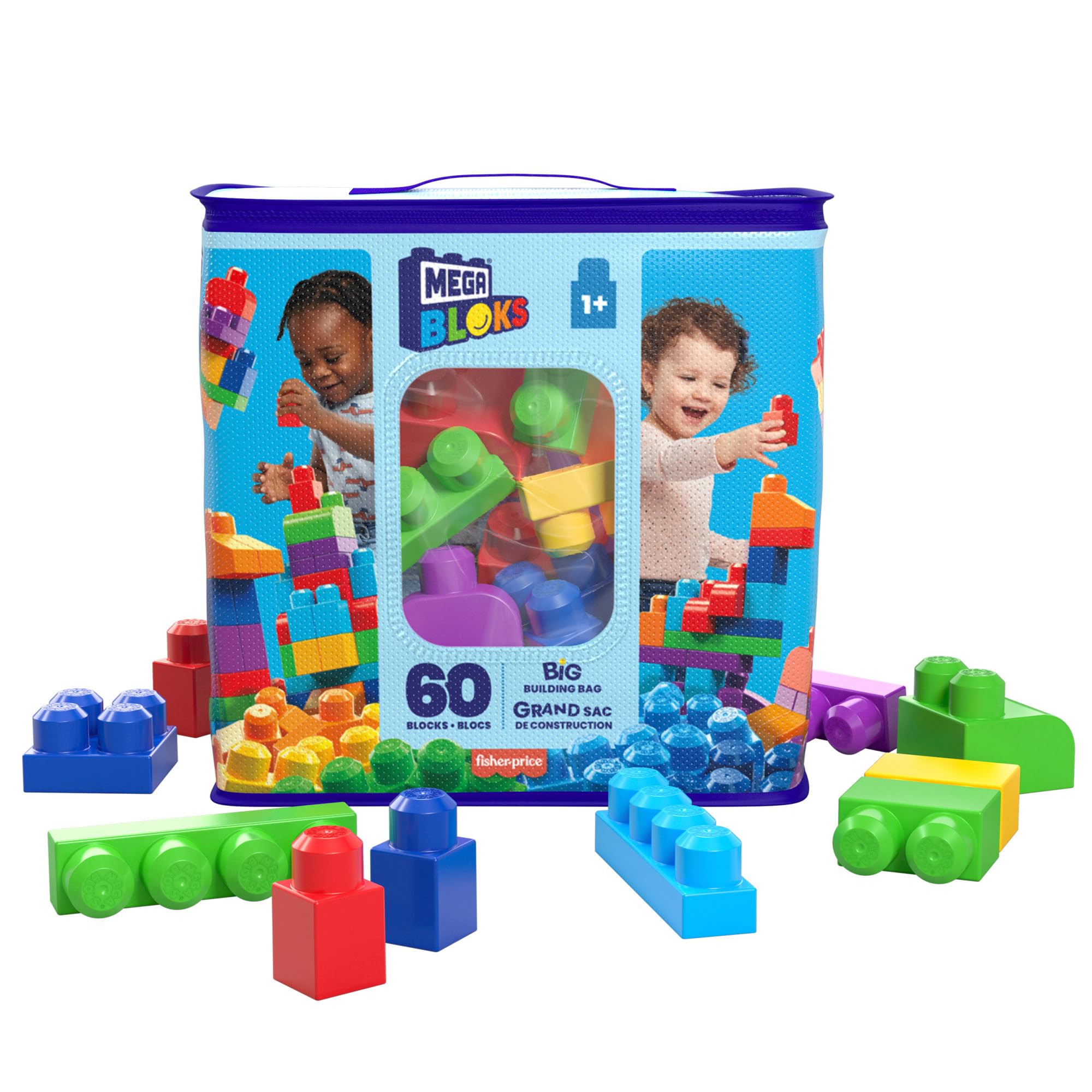 مجموعه ساخت ساختمانی Mega Bloks Big Building Bag با ۶۰ قطعه بزرگ و رنگارنگ و یک کیسه نگهداری، مجموعه‌ی اسباب بازی برای سن ۱ سال به بالا ۶۰ قطعه کیسه آبی