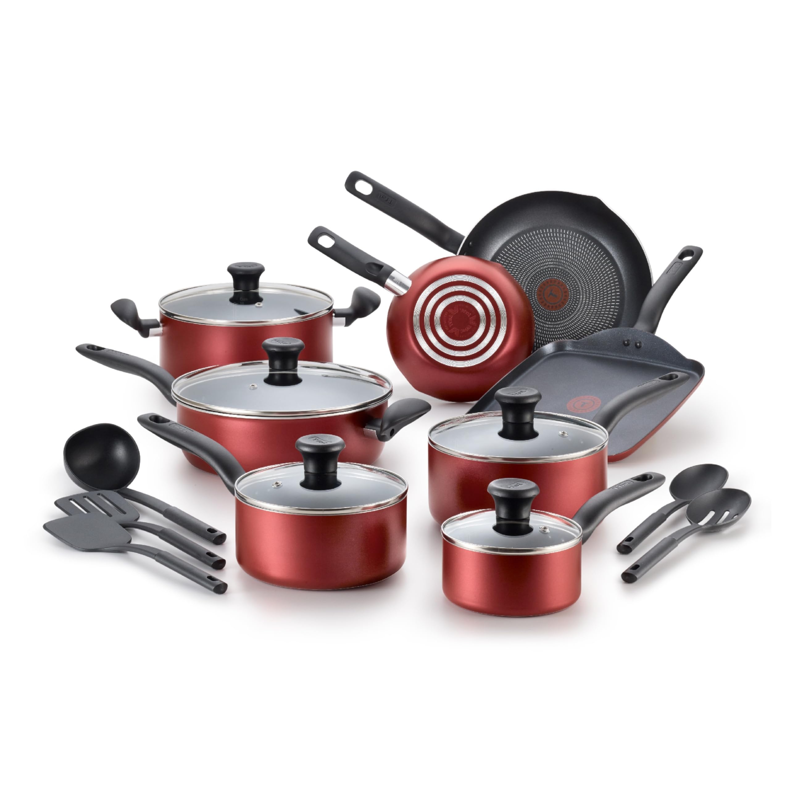 سیت تابه های غیر چسبنده 18 قطعه T-fal Initiatives، ایمن در ماشین ظرفشویی، قرمز ۱۸ قطعه قرمز