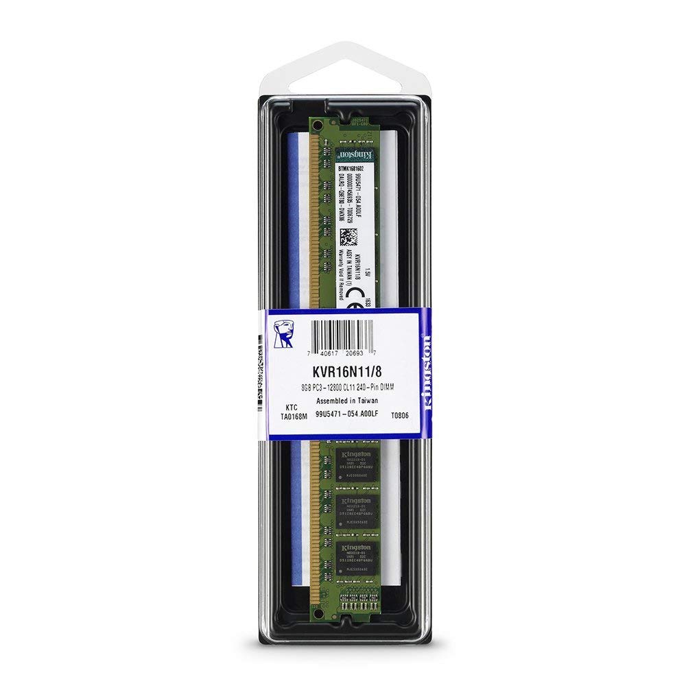 Kingston ValueRAM 8GB 1600MHz DDR3 Non-ECC CL11 DIMM 1.5V به درستی ترجمه شده‌است: حافظه رم ارزشمند کینگستون 8 گیگابایت 1600 مگاهرتز DDR3 Non-ECC CL11 DIMM 1.5 ولت KVR16N11/8.