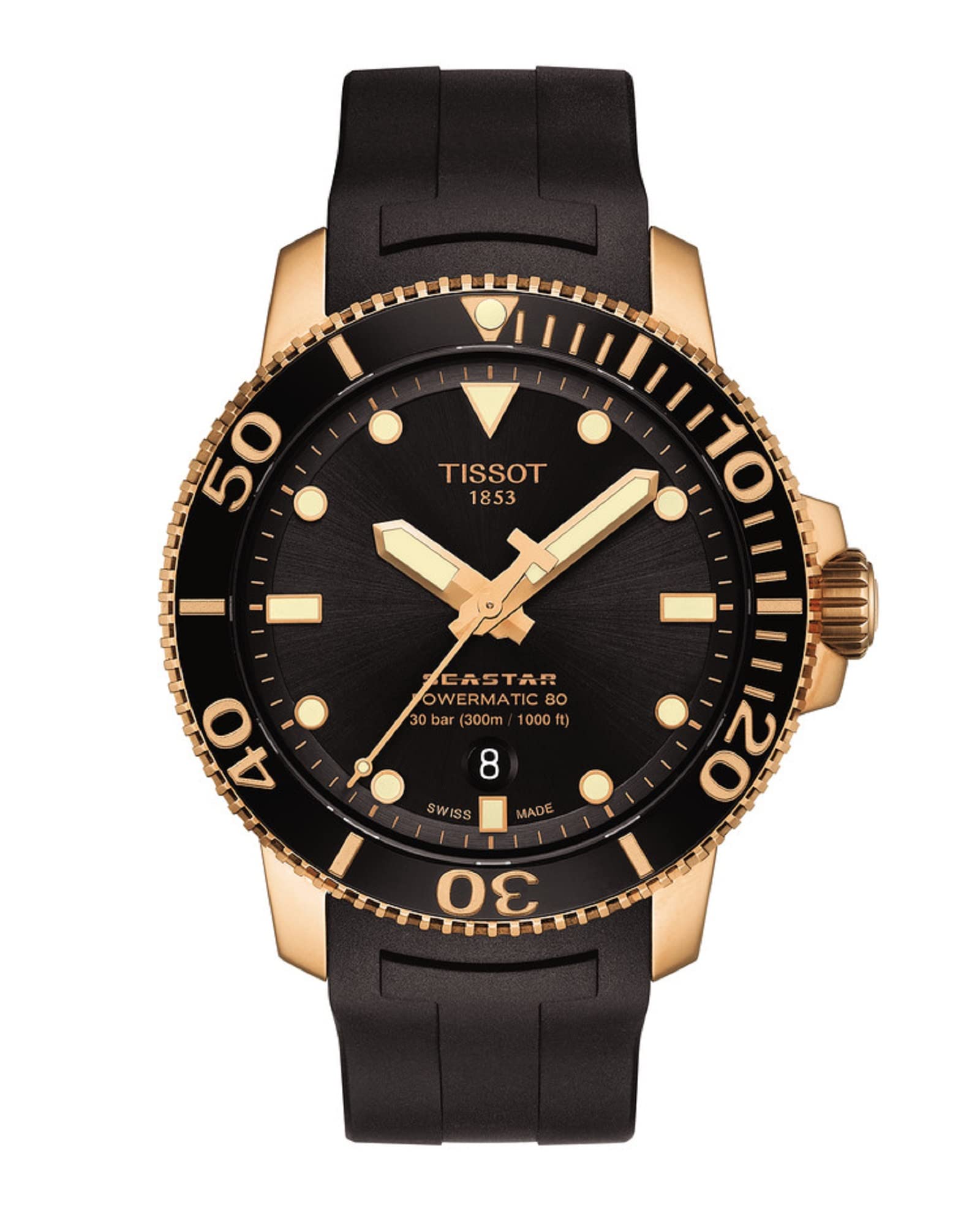 مردانه Tissot Seastar 1000 Powermatic 80، بدنه از فولاد ضد زنگ 316L با پوشش PVD طلاي رزه، ساعت اتوماتيک، مشکى، کاور لاستيکى، 21 (T1204073705101)