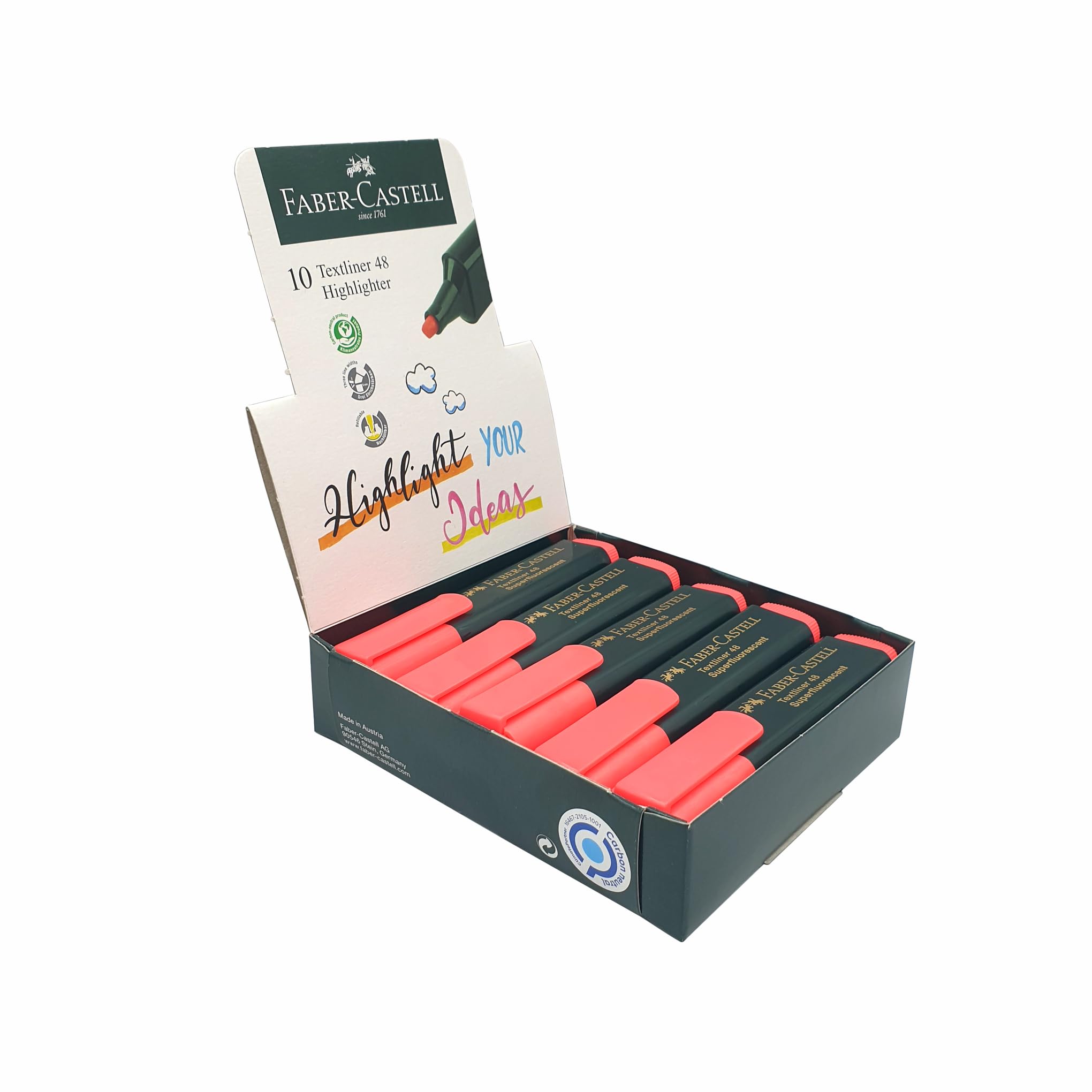 نوشتاری Faber-Castell Textliner 48 Superfluorescent 10 عددی با پر رنگی قابل شارژ قرمز با جوهر مبتنی بر آب و 3 عرض خط مختلف 1، 2 و 5 میلیمتر