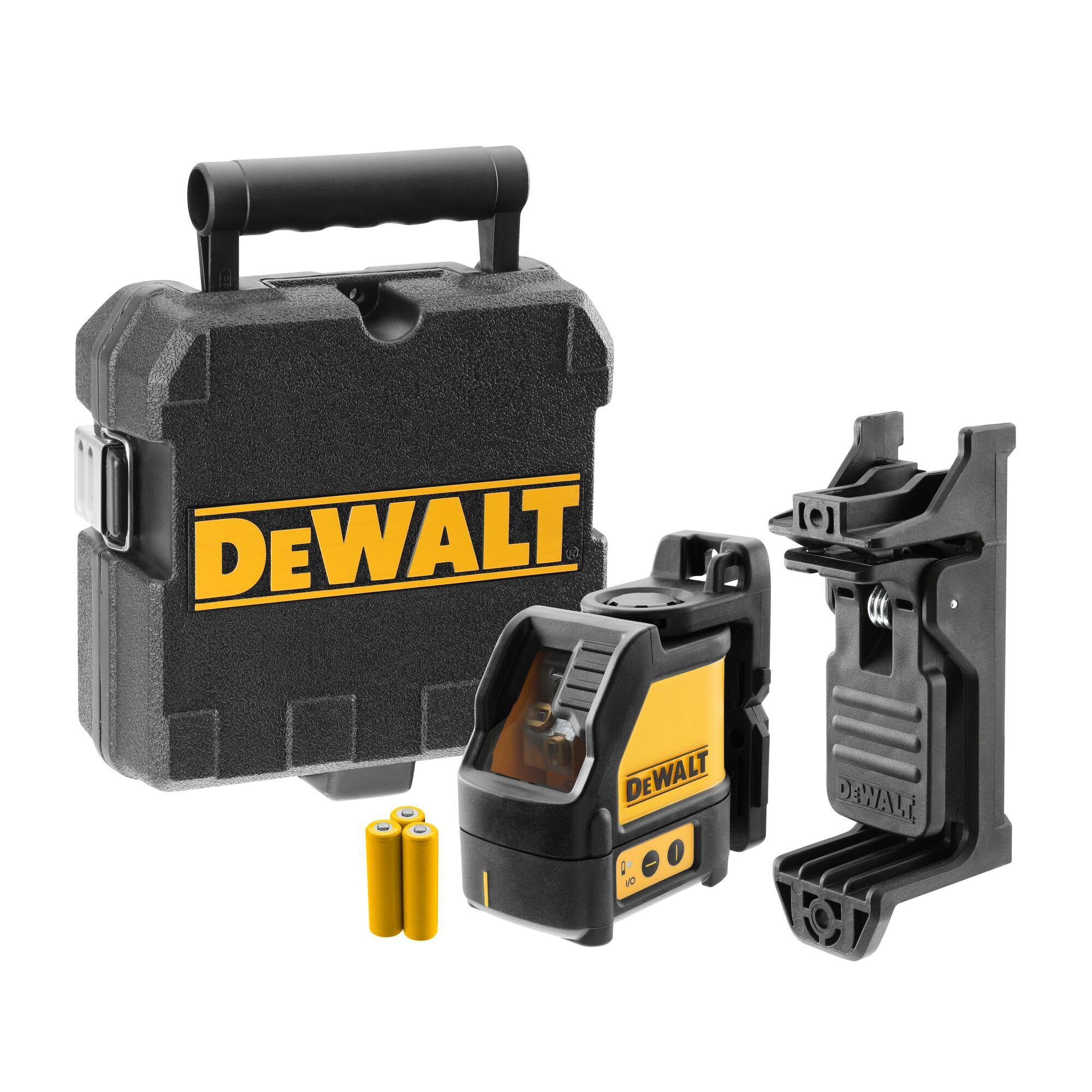DEWALT خط لیزر متقاطع (خود تراز، خطوط لیزر افقی و عمودی، رنگ لیزر قرمز، کلاس لیزر 2، عملکرد با 2 دکمه، شامل داربست دیواری، باتری و کیف) DW088K لیزر خط