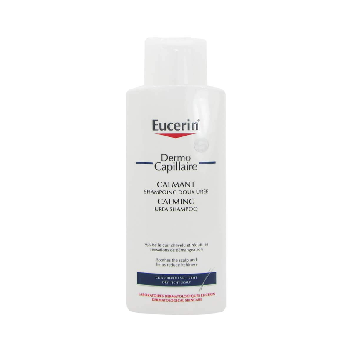 شامپو آرامش بخش و نرم کننده Eucerin DermoCapillaire Dry & Itchy Scalp با 5٪ اوره، پوست سر خشک و خارشی را تغذیه و آرامش می‌بخشد، براقیت و زیبایی موهای انعطاف‌پذیر، حجم 250 میلی لیتر (بسته‌ای یک عددی)