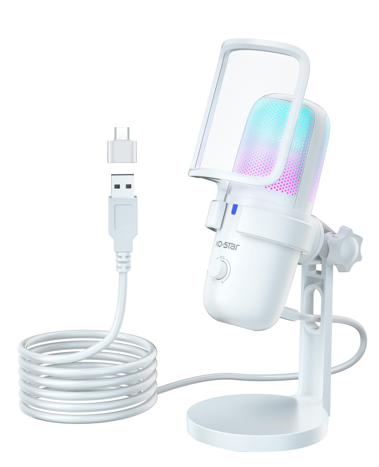 میکروفون بازی USB Ko-Star برای کامپیوتر، میکروفون کاندنسر با چرخشی که میزان صدا و قطع صدا / افزایش را تنظیم می‌کند، میکروفون با لامپ‌های RGB LED، ملخی جاذب ارتعاش، برای استریمینگ، ضبط صدا، بازی، یوتیوب، کنفرانس، PS5، PS4، رنگ مشکی