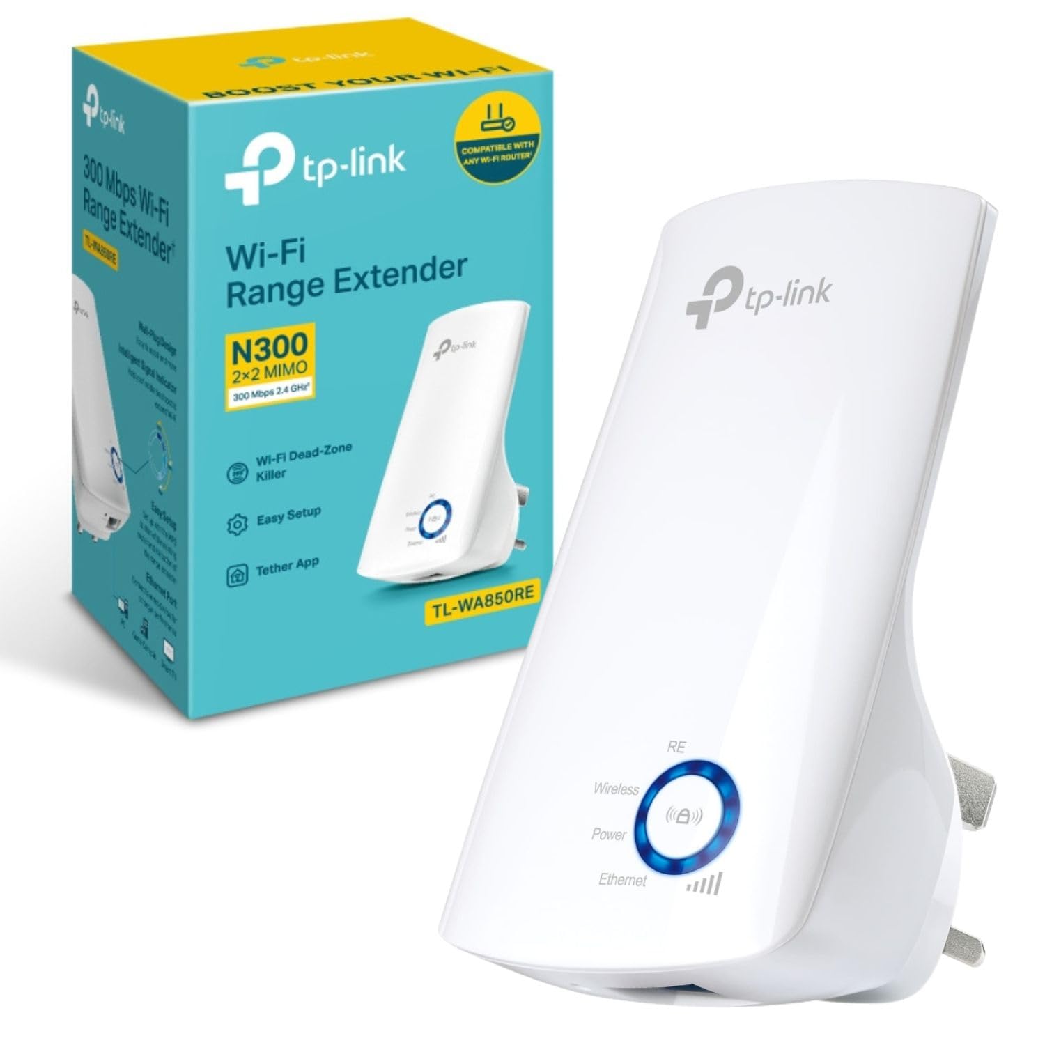 TP-Link TL-WA850RE 300Mbps تقویت‌کننده گسترده‌ی وای فای یونیورسال، پشتیبانی از پل اترنت برای تقویت وای فای، کار می‌کند با هر روتر وای فای. تقویت‌کننده وای فای N300