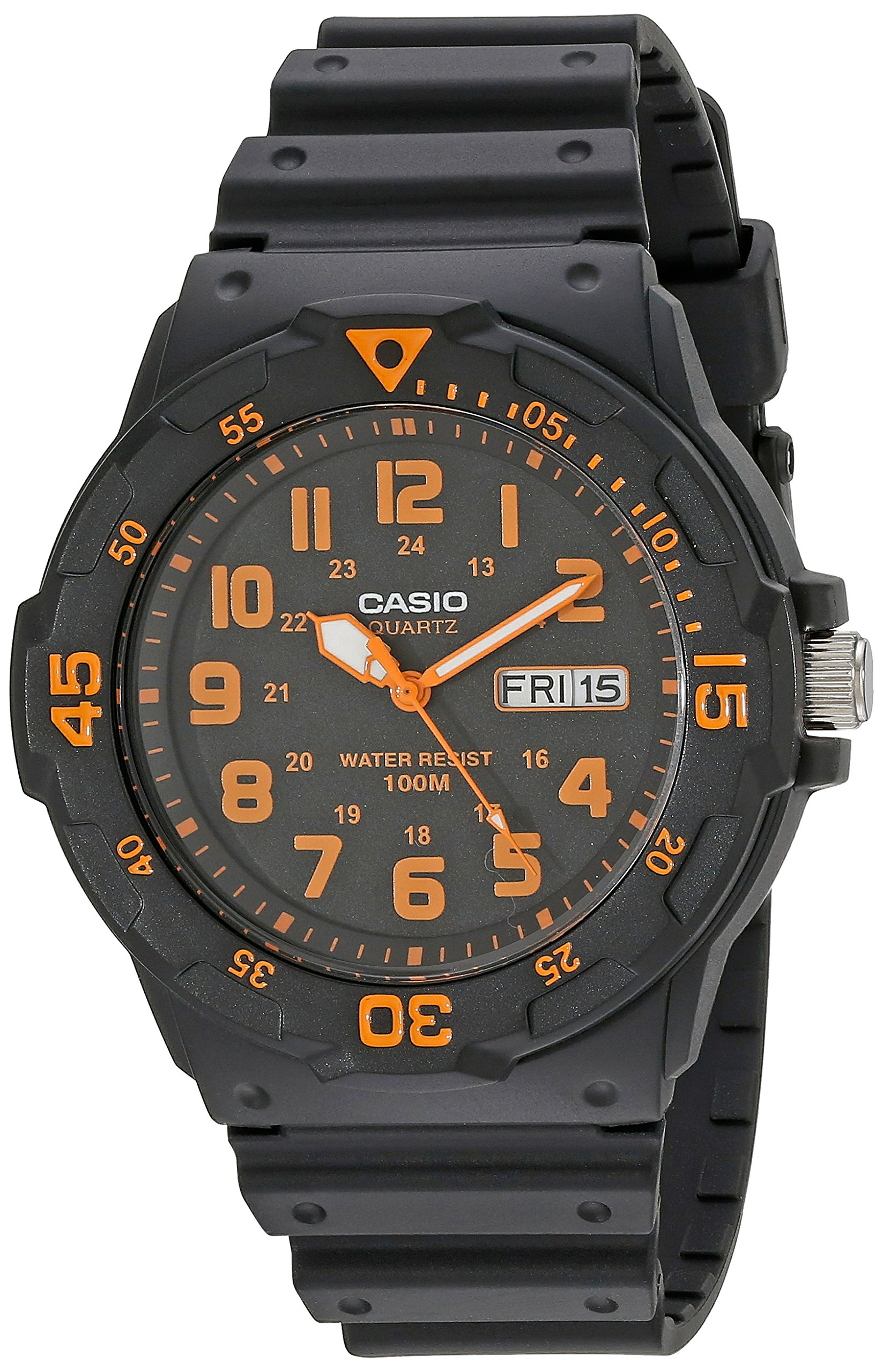 سری Casio MRW200H | ساعت آنالوگ دو جنسیته | 100 متر ضد آب | قاب استیل ضد زنگ | بند رزین | سه موتور (ساعت، دقیقه، ثانیه) | نمایش تاریخ | پیچ تنه/پیچ پشت قاب | استاندارد ورزشی 3 ساله باتری